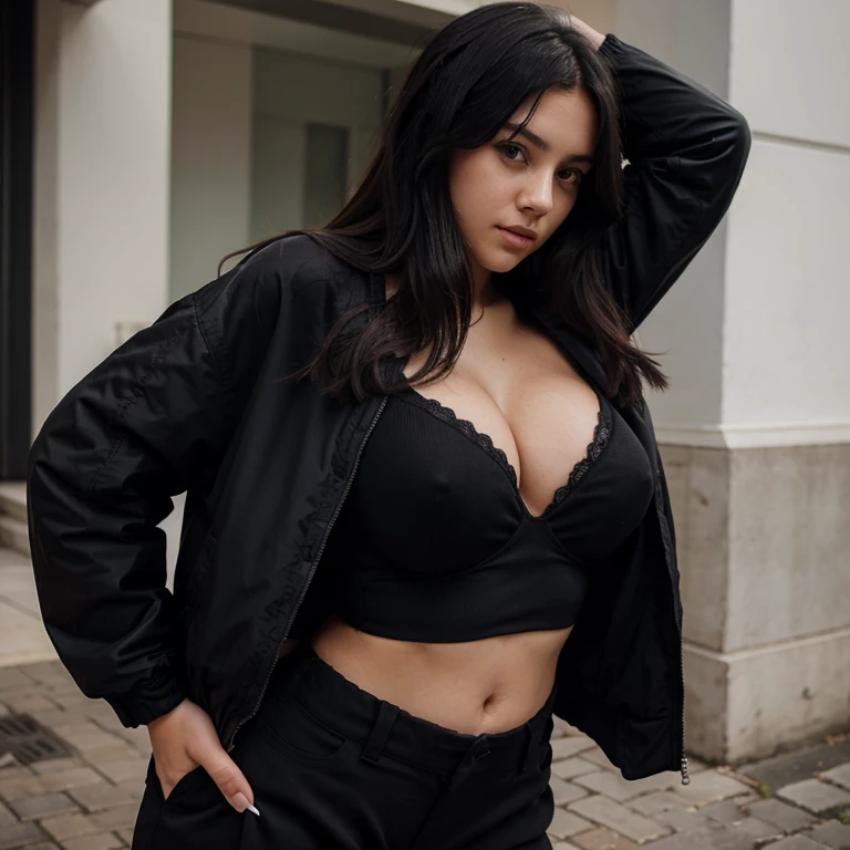 A  girl with massive breasts, a black bra, black undone jacket, black pants, and black hair