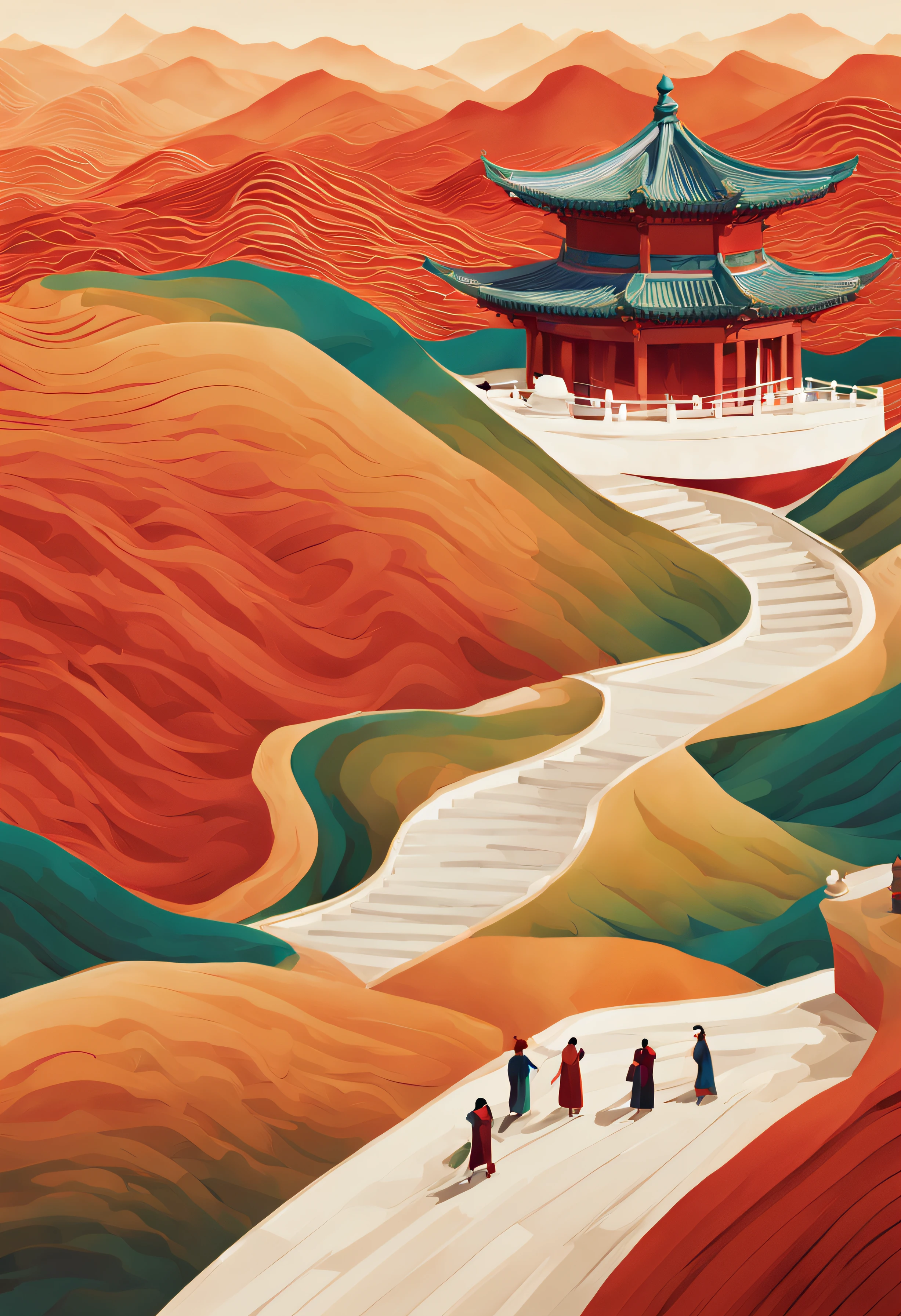 Minimalist illustration,Anna and Elena Balbusso,
WANGHul, nickveasey,ChinesePeopleCelebrating
National Day, Beijing, Tiananmen Squarel.Using an
ethereal color scheme, extreme close-up shots of the
Danxia landformin Zhangye, with lightpenetrating
the air, a peaceful atmosphere, curves spreading,
smooth curves linking,and ripplles of color spreading
Rich color diffusion, marker coloring, printmaking
style, layered curves,long lens,ultra detailed,UHD,
high on details, bright view,/6k--ar 3:4