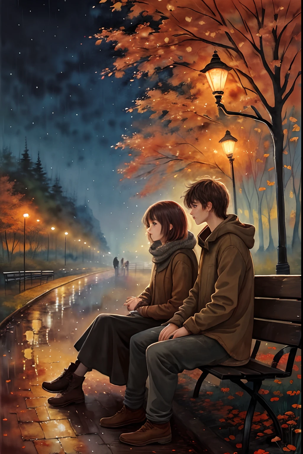 ( watercolor \(medium\), IrisCompiet:1.2),high quality, Impressionism, Abstract, Brushstroke, Palette knife, Canvas, portrait of two young lover sit on bench in park , back ground park night in autumn, stary night sky, rain people, SERENITY, Impasto, Chiaroscuro, Contrast, Harmony, Texture, by yukisakura, awesome full color,, Taupe Brown theme, abstract background