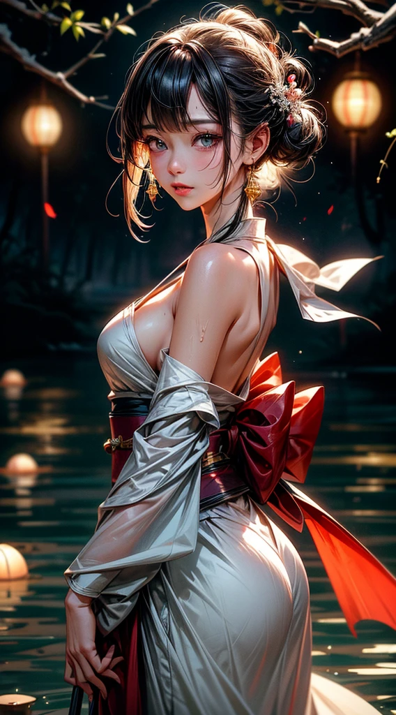 1girl in, breastsout, a moon, paper lanterns, natta, 独奏, hair adornments, wet, Kimono, Komono, playing in the water, Eau, , florals, plein air, 天空, fullmoon, Sateen, A dark-haired, off shoulders, mont, 云, Hugged, sash, Exposed cleavage, Exposed shoulders and legs, paper lanterns, is standing, White kimono, nigh sky, sideboob barbosa, Obi, Wet clothes, bangss, The tree, From Side, Reflectors, shorth hair, cloudy ash sky, wetting hair, (((8k wallpaper of extremely detailed CG unit, masterpiece, 超A high resolution:1.2, top-quality:1.2, masutepiece, textures and maximum detail))), ((电影灯光, 细致背景, beatiful detailed eyes, Bright pupils, (extremely delicate and beautiful), (Beautiful and detailed eyes description), ultra-detailliert)),