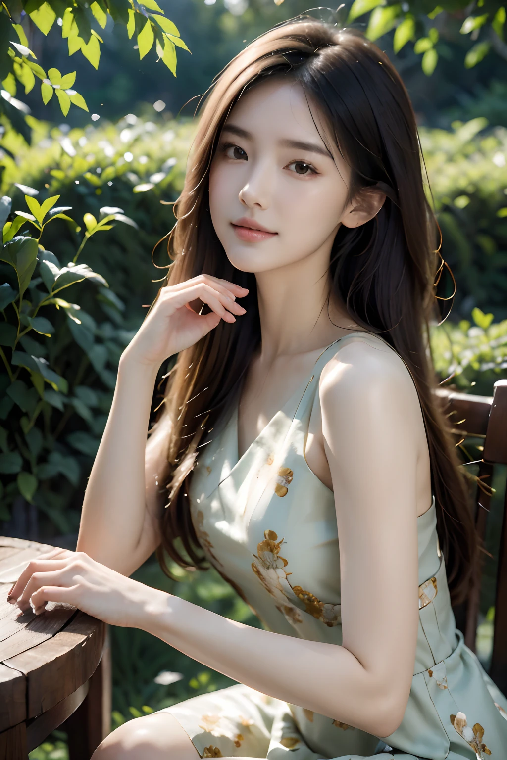 (best quality,4k,highres,masterpiece:1.2),ultra-detailed,(realistic:1.37),beautiful girl,tea picking, lovely face, half body shot, dewy complexion,sparkling eyes,flowing hair,delicate hands,nature-inspired dress,sunlight filtering through the leaves,floral aroma,tranquil atmosphere,gentle breeze,rustling of tea leaves,serene smile,peaceful surroundings,lush green tea bushes,meticulous tea harvesting technique。