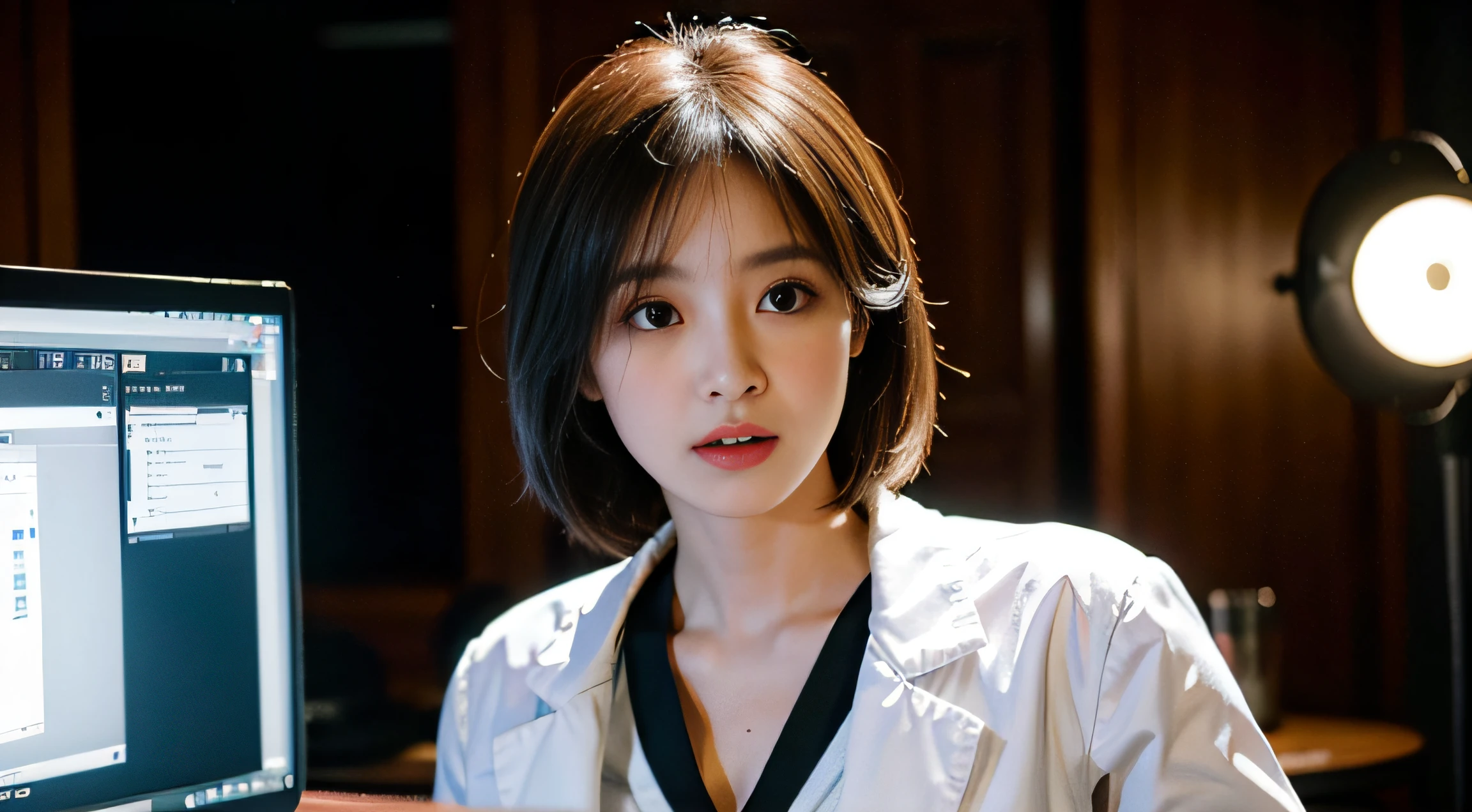 Female doctor，Wear a doctor's uniform，realisticlying，Dynamic Lights，brush-cut，Thin stature，cleavage，full shoot，（extremely detailed CG unified 8k wallpaper），high detal，tack sharp focus，Drama，eye bags，Eye lashes，Photoreality