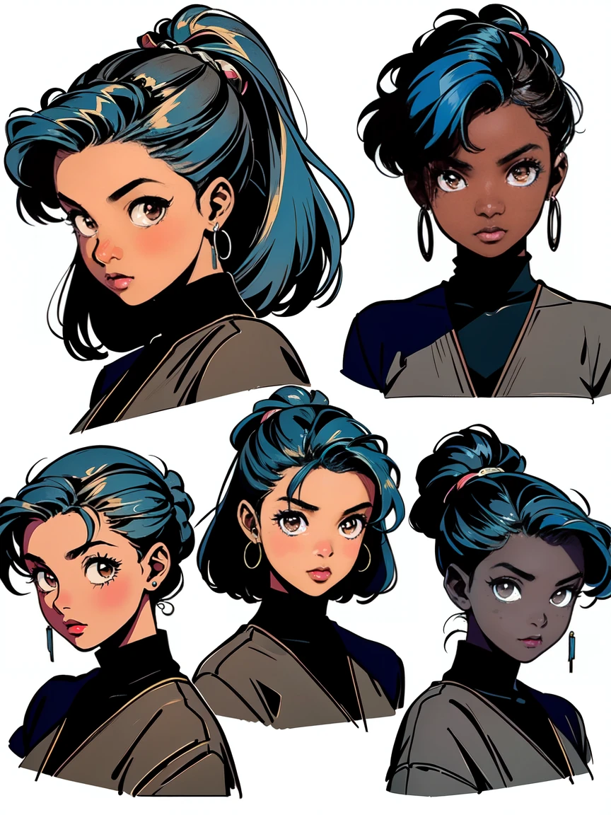 A girl, 1girl, ((15 year old)),(( dark skin:1.0)), sky-blue hair, brown eyes, head character sheet, different head positions, different facial expressions, fashion hairstyles, head turnaround, vintage horror, 1940s, shapes, gothic, vintage, sexy, anime style, (clear background:1.0),(( consistent character:1.0)),(( consistent skin colour:1.0)), ((coloured))