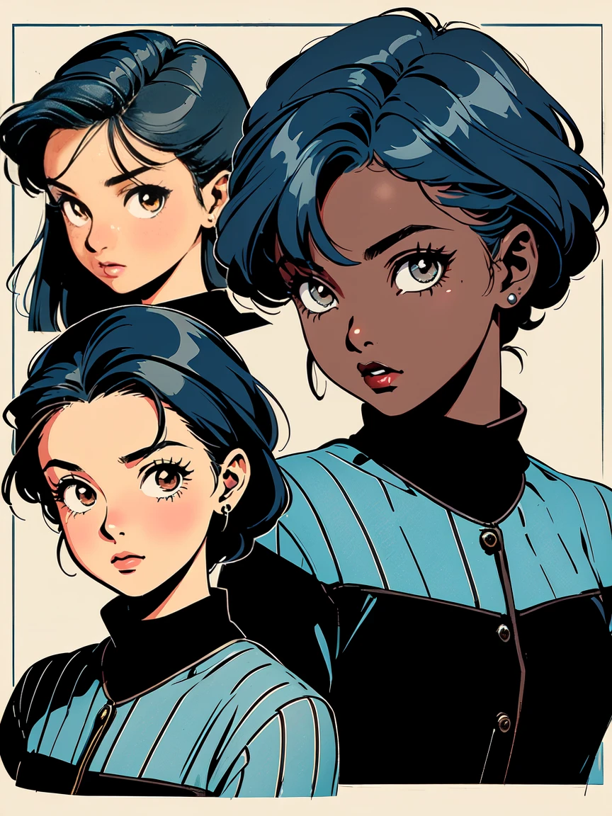 A girl, 1girl, ((15 year old)),(( dark skin:1.0)), sky-blue hair, brown eyes, head character sheet, different head positions, different facial expressions, fashion hairstyles, head turnaround, vintage horror, 1940s, shapes, gothic, vintage, sexy, anime style, (clear background:1.0),(( consistent character:1.0)),(( consistent skin colour:1.0)), ((coloured))