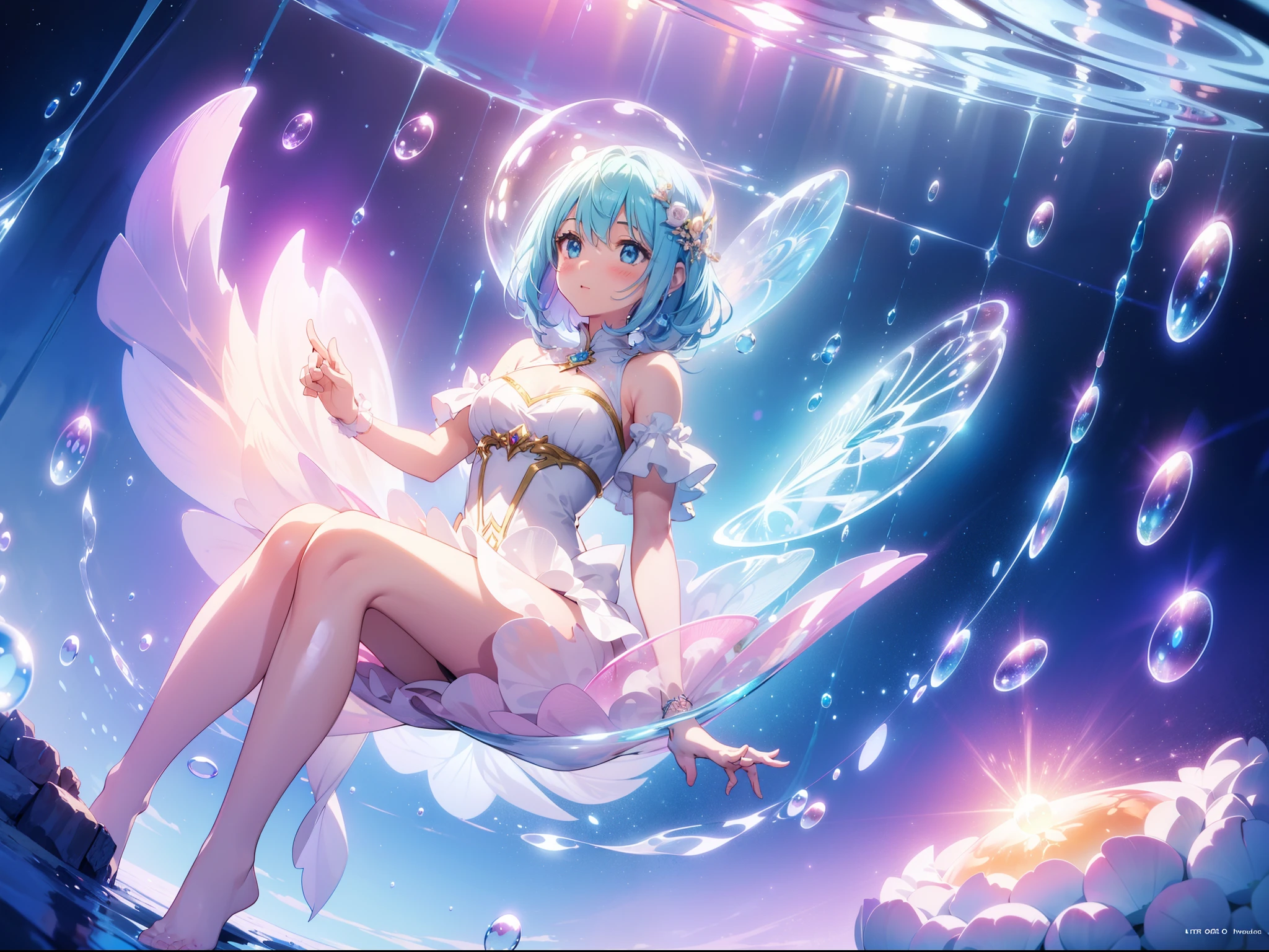 1 cute girl , floating inside a soap bubble ,concept art, fantasy art, many soap bubbles, sitting, wide shot ,cinematic lighting , ((masterpiece)), ((best quality)), ((ultra-detailed)), (illustration), ((an extremely delicate and beautiful))