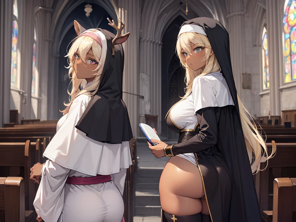 erection, Large , big testicles, scabbard, Dark testicles, Pink , Long hair, Blonde hair, (dark skinned female), (nun), Big breasts, Big ass, Deer antlers, venusbody, church, cathedral, solo,looking back,