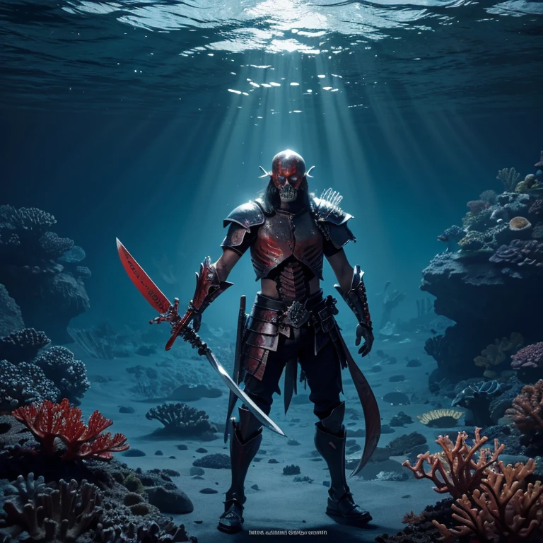 ocean floor,The corals,The fish,skeleton warrior,Black armor,red color eyes,Armed with a long knife
