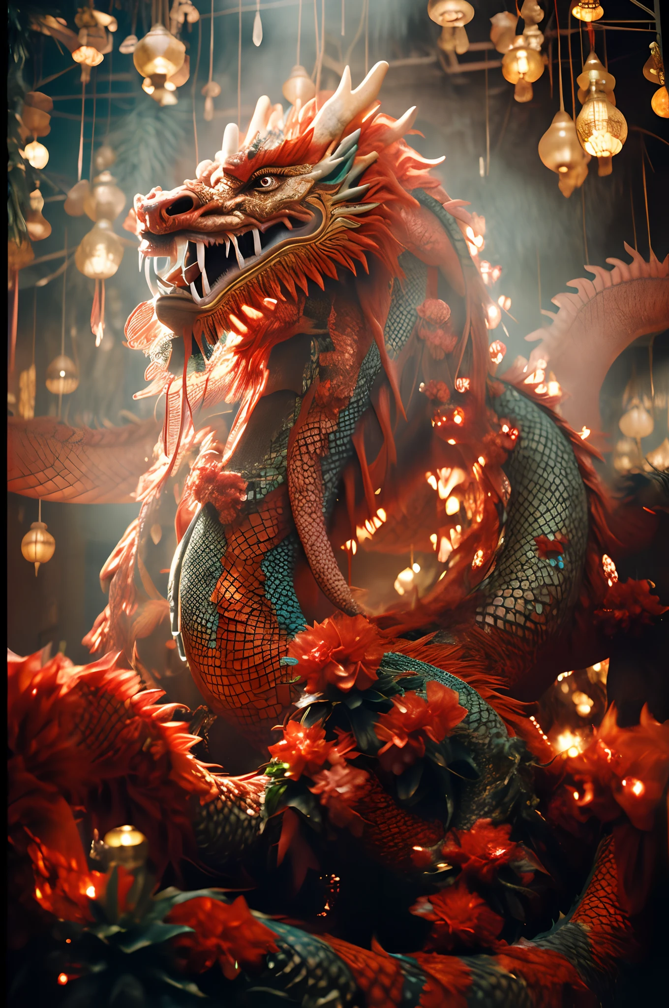 a powerful dragon with fierce gaze and intricate scales, fiery breath, large wings unfolding majestically, towering above a sprawling landscape of mountains and forests, vibrant colors and textures, the dragon's mouth edited to have sharp teeth and a wicked smile, creating a sense of danger and mystery, a masterpiece:1.2, ultra-detailed, realistic:1.37, HDR lighting, vivid colors, digital illustration