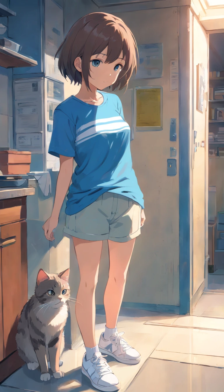 The girl is standing with her head looking inside, wearing a blue T-shirt and white sneakers, holding a gray and white striped cat