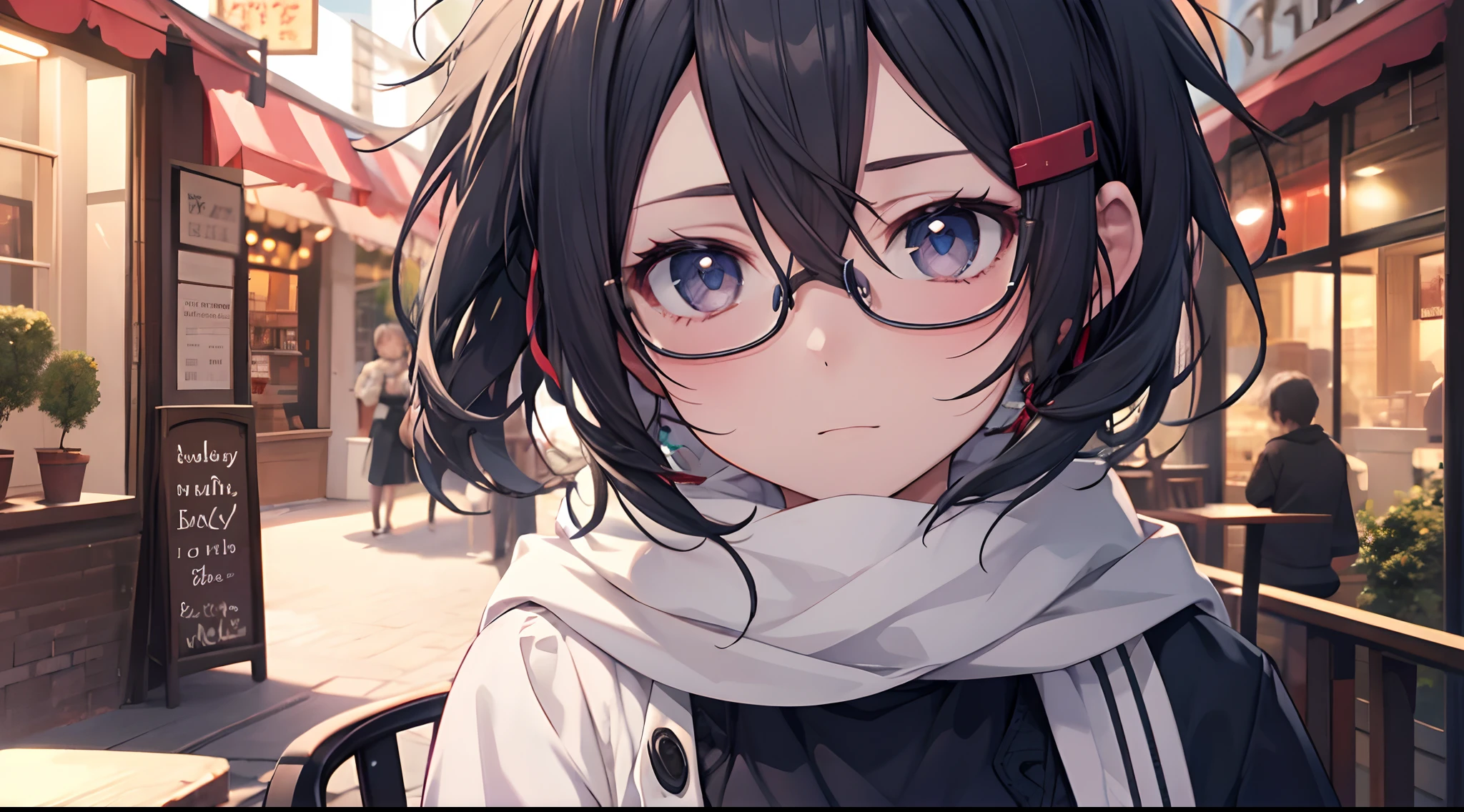 Masterpiece, best quality, expressive eyes, perfect face, cute, cafe, shino asada, black hair, hair between eyes, short hair, white scarf, hairclip, hair ornament, hair ribbon, glasses, black skirt, casual