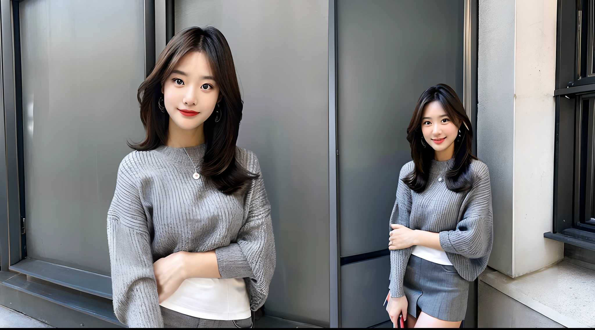 18-year-old hostess in a gray miniskirt