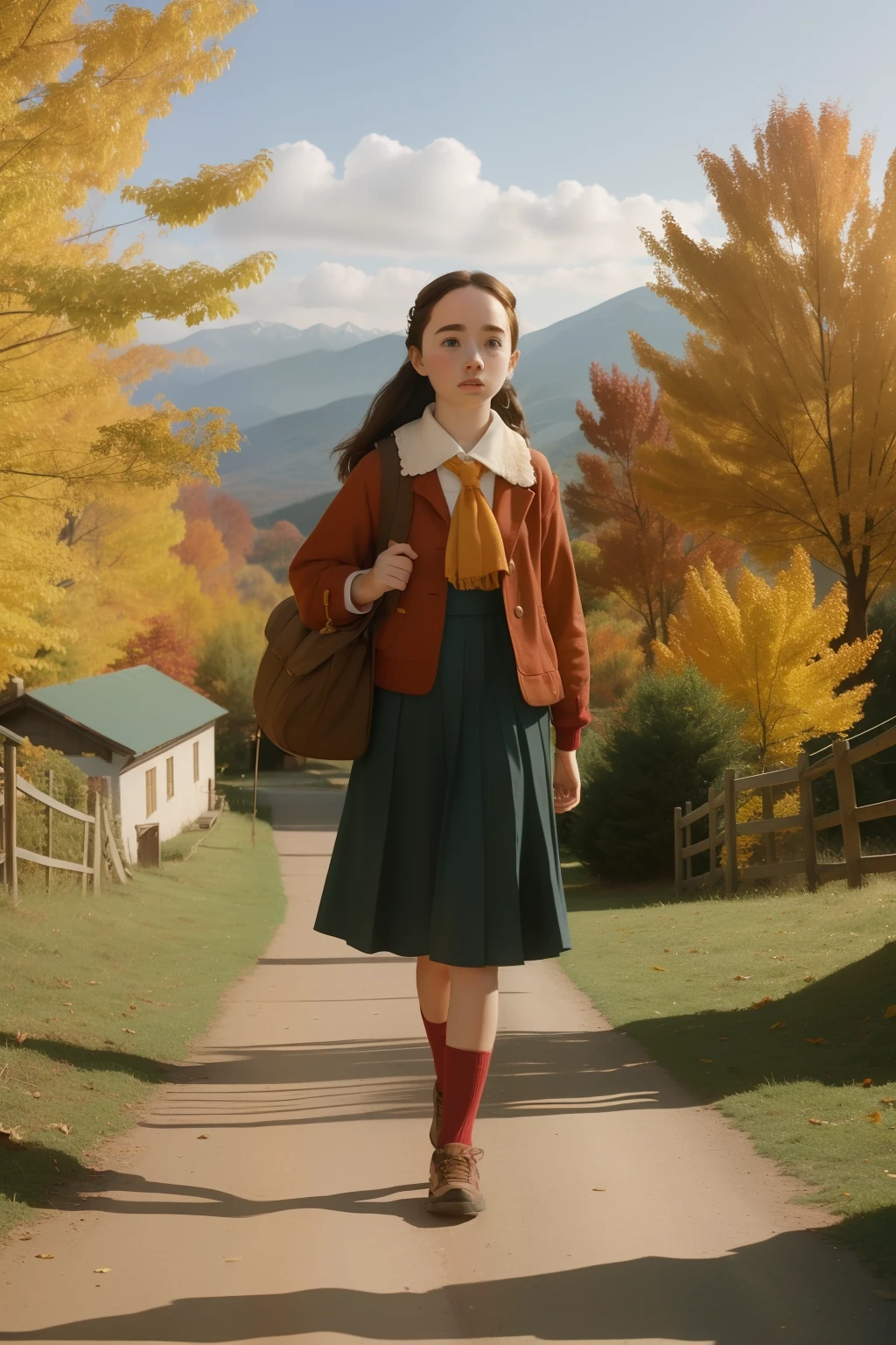 Year: ((2003)). Location: Mountain village. 16-year-old Anna Popplewell, walking to school, autumn, ((("OMITB" cinematography))), (Wes Anderson style)