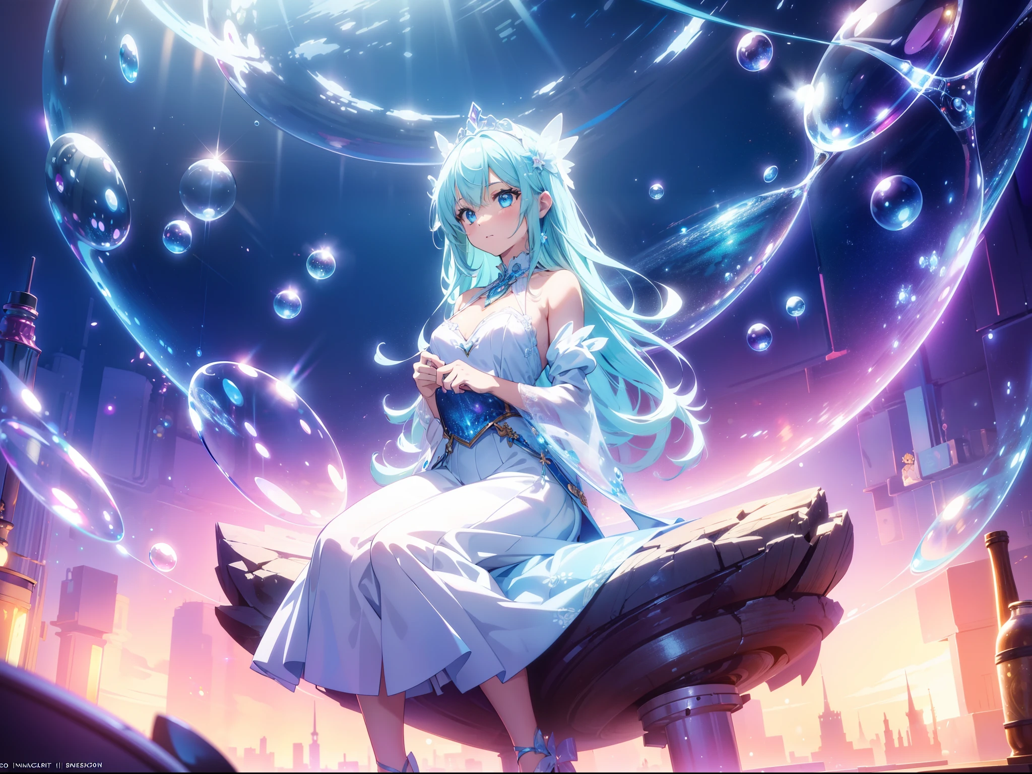1 cute girl , sitting inside a soap bubble ,concept art, fantasy art, many soap bubbles , wide shot ,cinematic lighting , ((masterpiece)), ((best quality)), ((ultra-detailed)), (illustration), ((an extremely delicate and beautiful))