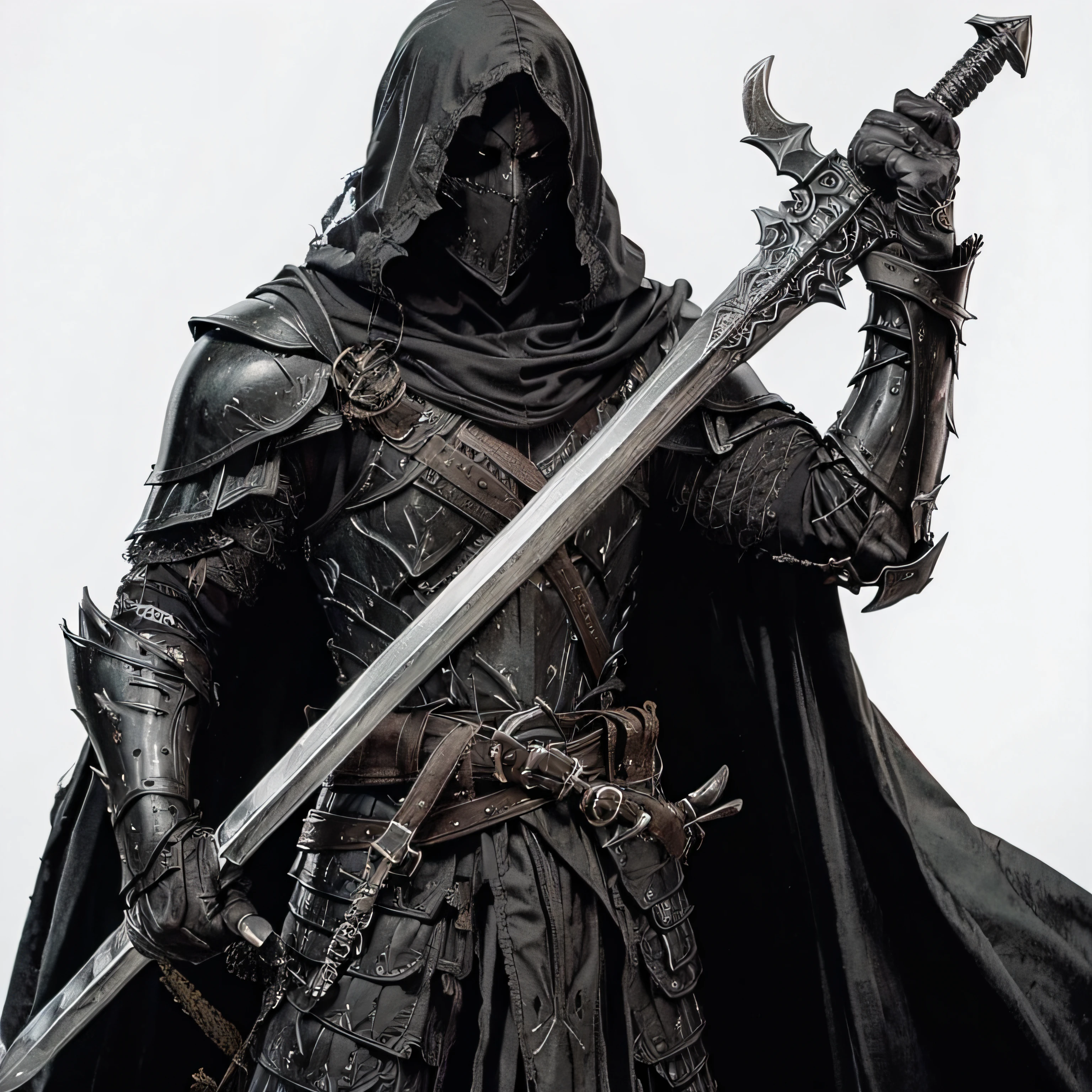 A dark warrior, wearing black armor and carrying a blackened sword. May have sinister eyes and an air of mystery. RPG character, cartoon, simple art