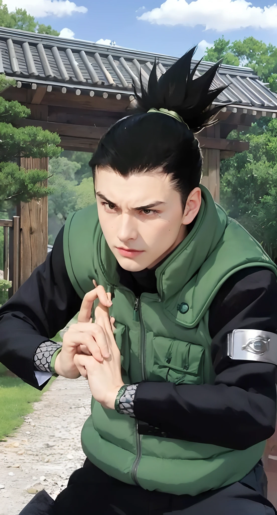Real life adaption of this character ,teen handsome face,realistic same hair , (realistic same outfit wear thick vest green color with many pocket), realistic same background , realistic light, realistic shadow, realism, hyper realistic,(photorealistic:1.2), same expression, there is plate iron on his shoulder,((eyes looking to viewer))