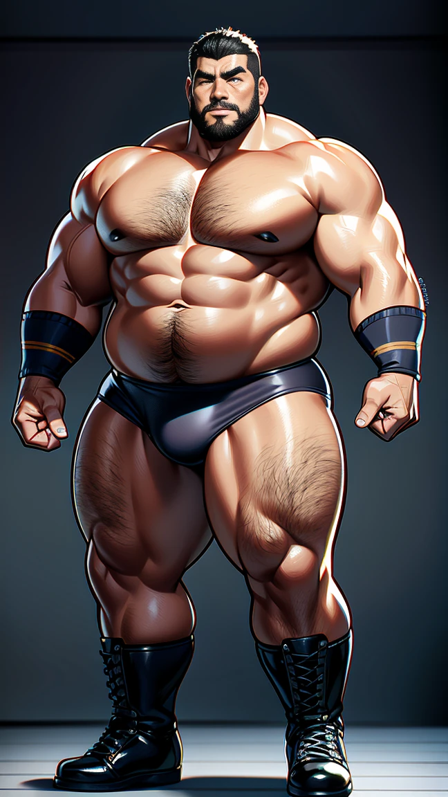 solo person，male people，Muscle wrestler，musculous，Stout wrestler，Asian people，jpn，uncle，60-year-old middle-aged man，Short hair，short detailed hair，Wrestling boots，Full body like，Panorama Figures，WWE rings，WWE American professional wrestling，spotlight lights，shadowing，visions，Briefs，fatness，age 55，,Middle aged，Tattooed with，Fingerless gloves，Wheat-colored skin，Oily skin，dark-skin，Show off your pectorals，Sumo wrestler，body builder，Wide sideburns，Pronounced abs，ssmile，The beard is gray，Gray hair，（Full body like：3），Fine hands，