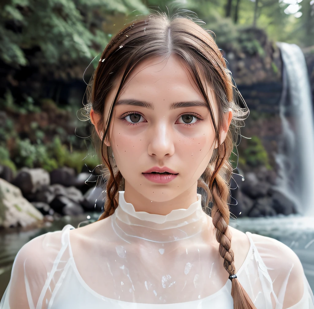 Symmetrical, High Detail RAW Color Photo Professional Photo, [:( High Detail Face: 1.2): 0.1], (lora:PJ DH), Double braids, pores, real skin, breast focus, straight up, an 20 year old woman under a waterfall, body in contact with water and ripples around, clear clean water, shining eyes, looking at the audience, wet clothes, transparent clothes, wet body, wet hair, Tyndall effect, lens flare, shadow,, bloom, natural lighting, hard focus, film grain, photographed with a Sony a9 II Mirrorless Camera, by Laurence Demaison