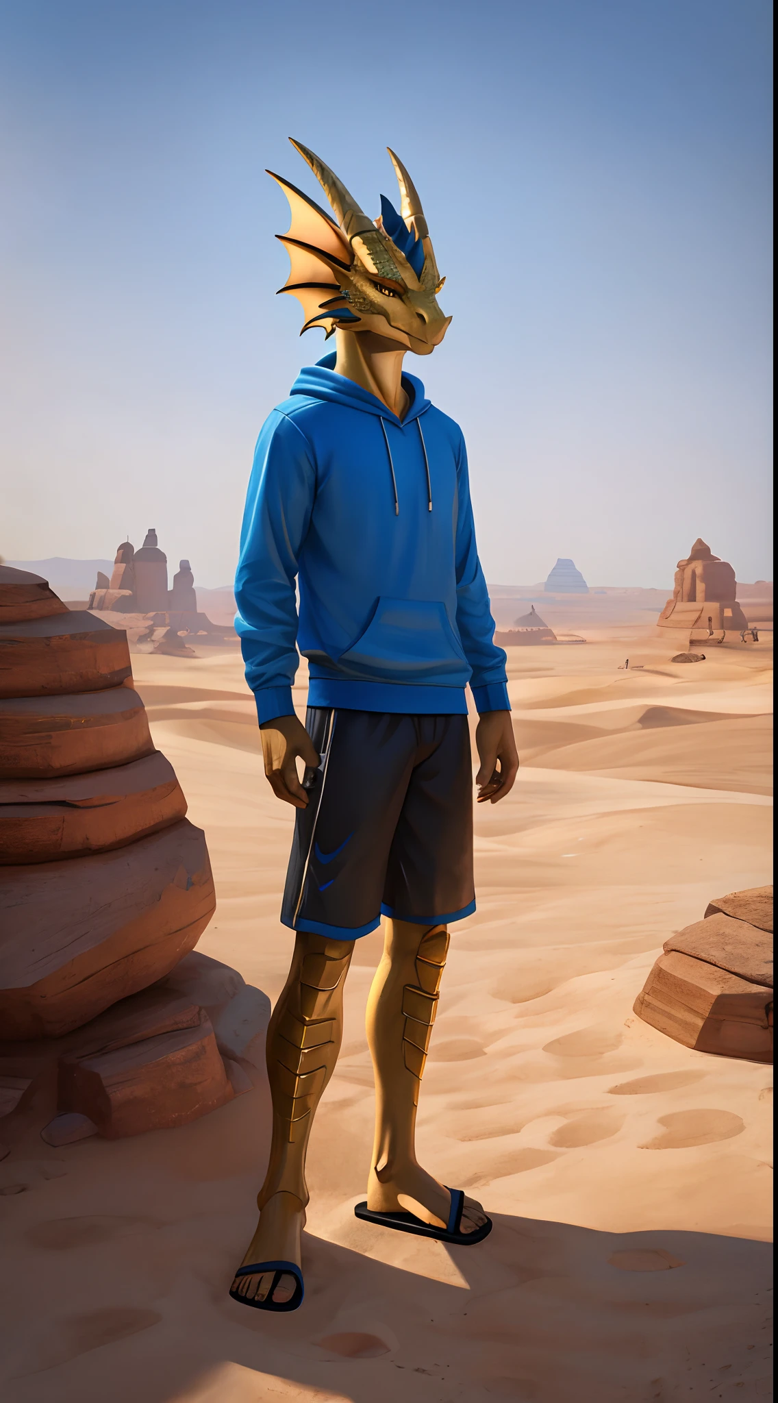 Male dragon,Cyborg Dragon,The golden dragon,Young dragons,He wears a blue sweatshirt and black shorts,sandals,Claw feet,battery,in the desert,Lie flat,Sunny,head fins,Detailed golden eyes,lifelike skin,Detail ratio,Slim,Sexy,The scales are truly textured,photo-realistic,Masterpiece,Clear,8K,3Drenderingof