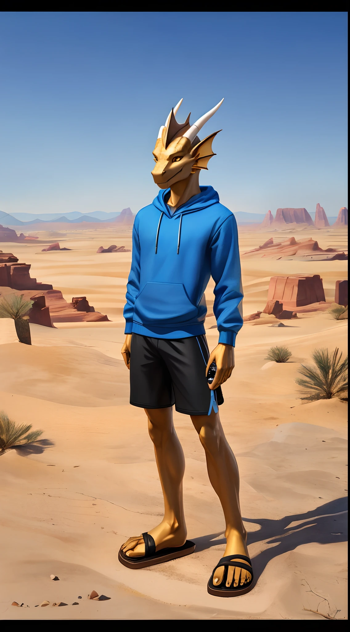 Male dragon,Cyborg Dragon,The golden dragon,Young dragons,He wears a blue sweatshirt and black shorts,sandals,Claw feet,battery,in the desert,Lie flat,Sunny,head fins,Detailed golden eyes,lifelike skin,Detail ratio,Slim,Sexy,The scales are truly textured,photo-realistic,Masterpiece,Clear,8K,3Drenderingof