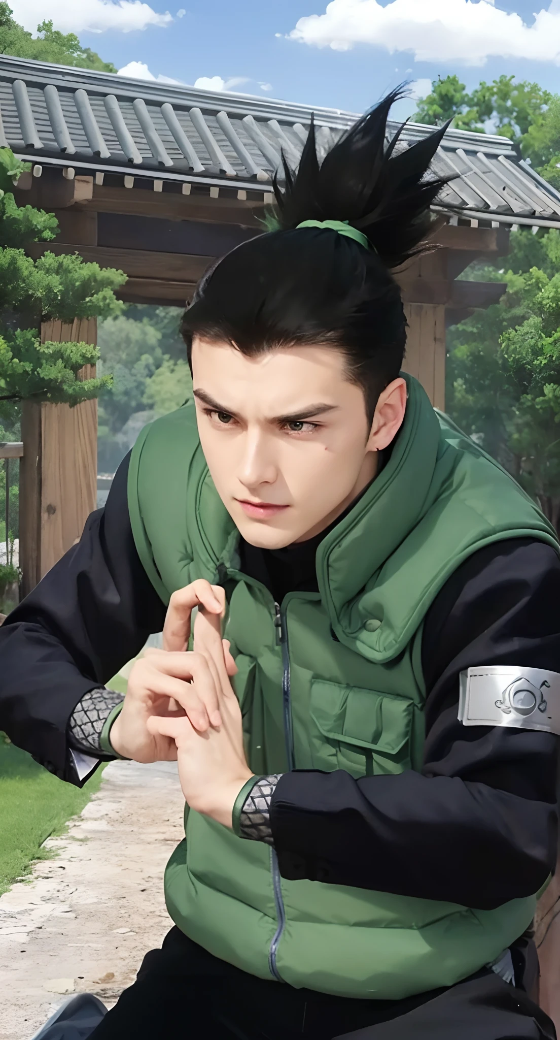 Real life adaption of this character ,teen handsome face,realistic same hair , (realistic same outfit wear thick vest green color with many pocket), realistic same background , realistic light, realistic shadow, realism, hyper realistic,(photorealistic:1.2), Looking to camera, there is plate iron on his shoulder