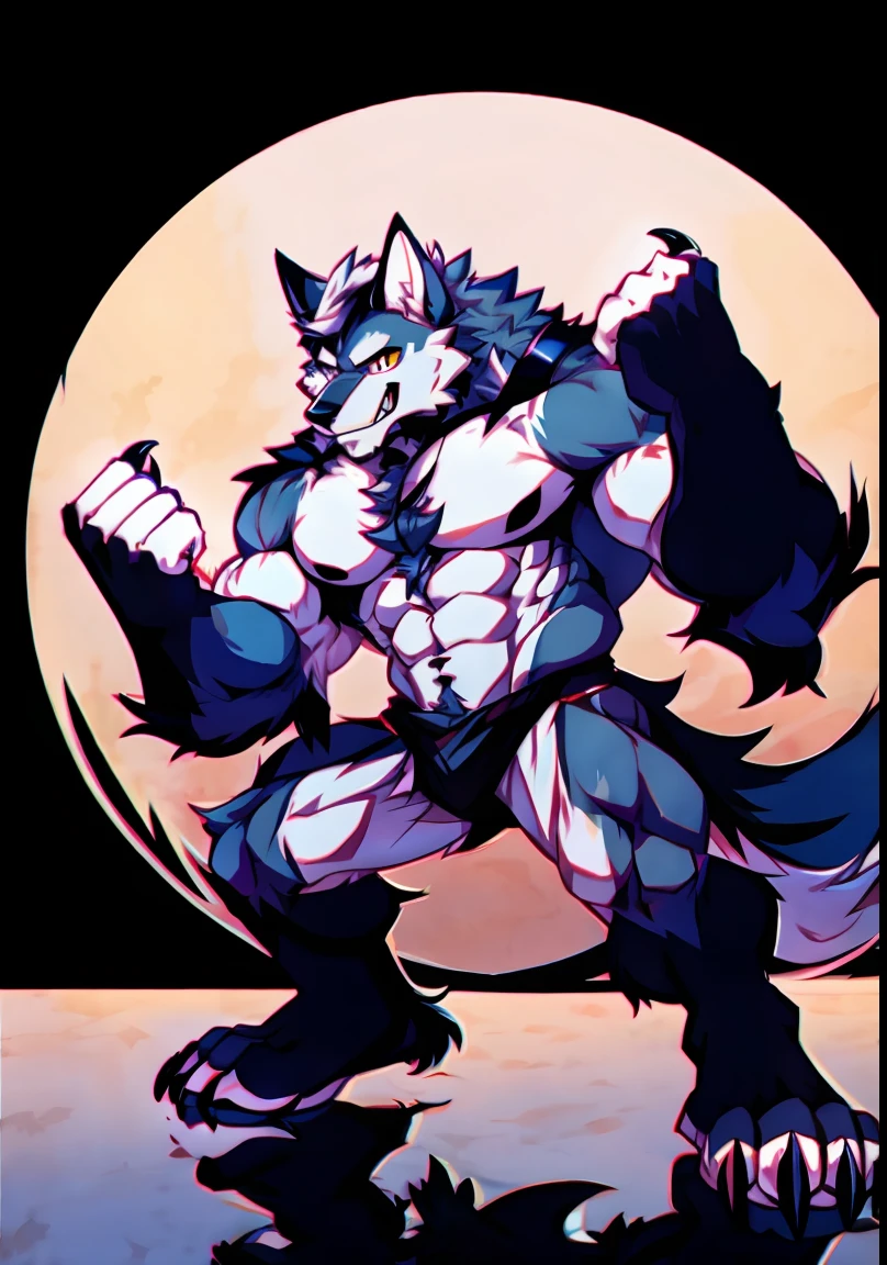 Human-wolf,musculous,Hairy all over,clawed paws,erect through