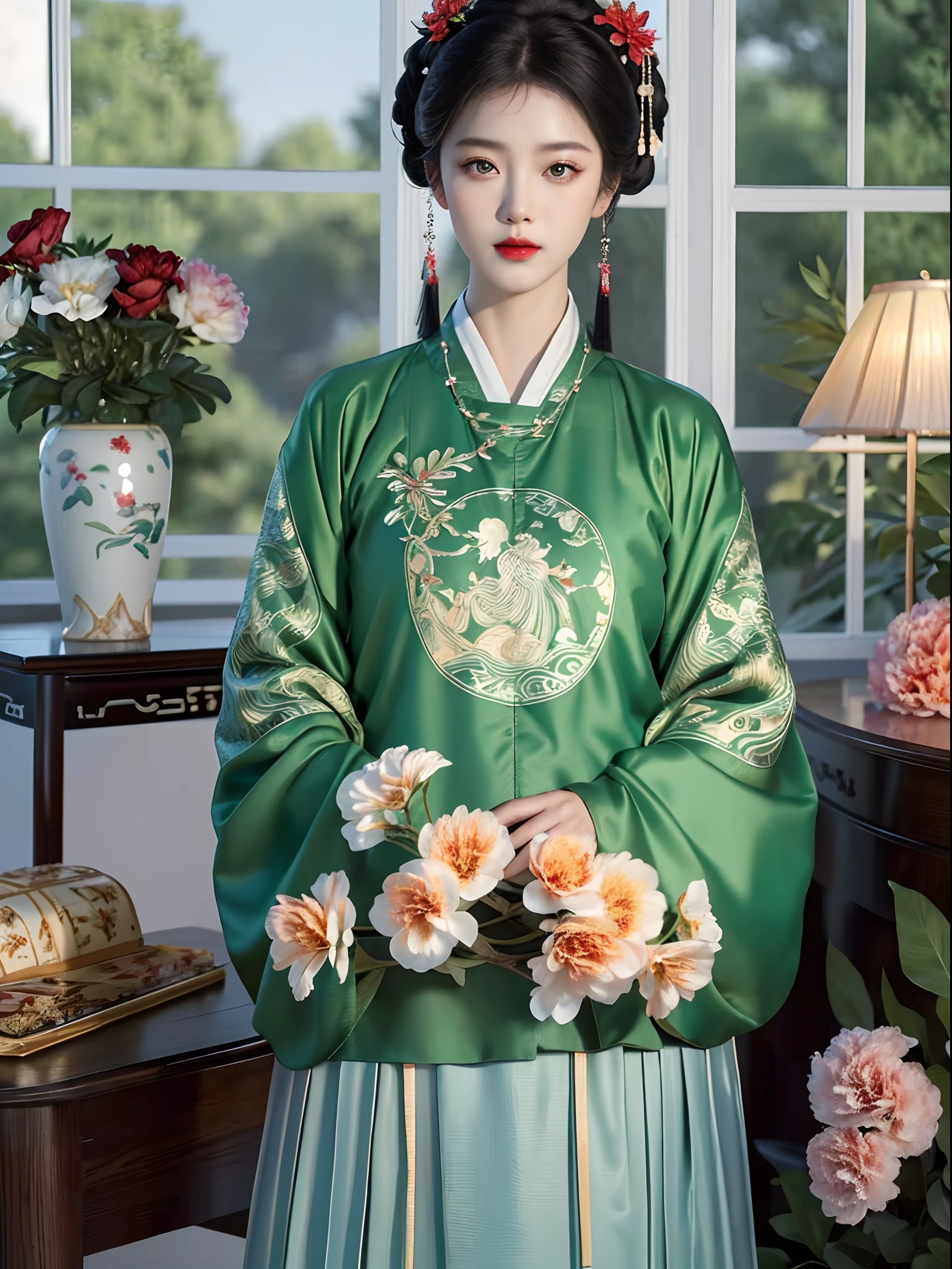 (Hanfu),(Estampados florales:1.3),(Green shirt),(a white long skirt),(Long sleeves),1 girl,full bodyesbian,(Short hair:1.1), (Realistic:1.7),((Best quality)),absurderes,(超高分辨率),(Photorealistic:1.6),Photorealistic,rendering by octane,(Hyperrealistic:1.2), (photo-realistic face:1.2), (8K), (4K), (Masterpiece),(Realistic skin texture), (illustration, Cinematic lighting,the wallpaper),( Beautiful eyes:1.2),((((Perfect face)))),(Cute),(standing),(Black hair),Black eyes,Red lips, Indoors, chinese ornaments, wooden chinese table, window, Flowers,