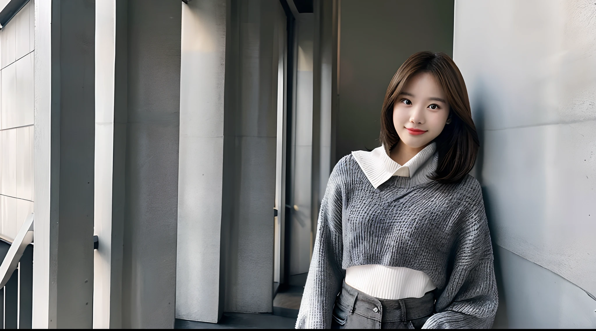 18-year-old hostess in a gray miniskirt