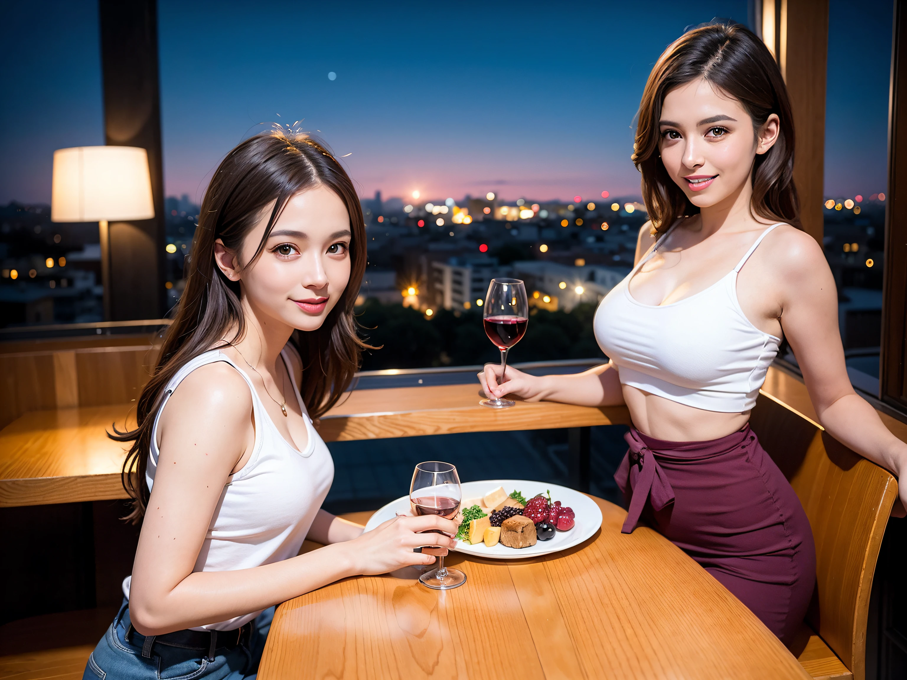 (64K, UHD, top quality, masterpiece: 1.2), (realistic, photorealistic: 1.37), super detailed, pretty woman 1 person, (slim face), (slim body), (brown hair), (short cut), cheeks slightly blushing, (44 years old), 38 years old, solo, beautiful detailed urban night view outside the window, restaurant, wine glasses sit, at night, in a prominent placeNovaFrogStyle, Actress, Model, Waist Up, White Wine, Slim, Wine Glass, Super Clean Night View, Wine Glass Put in the Middle, Happy Smile, (Smile: 1.15), Beautiful Fine Eyes, Upper Body, Bust Japan Up, Night, Short, Short, Actress, Model, Waist Up, White Wine, Slim, Wine Glass, Super Clean Night View, Wine Glass Put in the Middle, Happy Smile,
