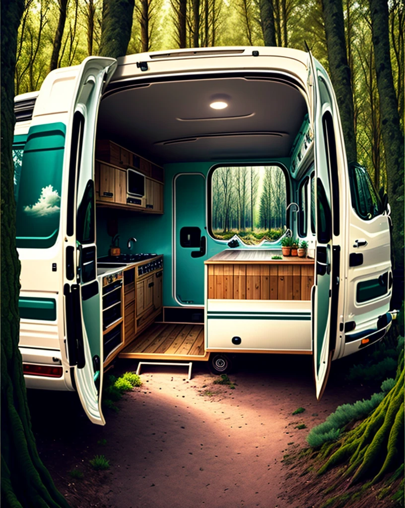 Ford transit campervan en un bosque con barbacoa con un lago
