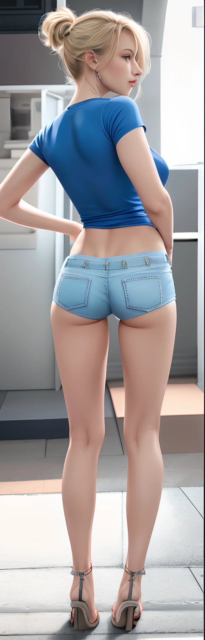 (best quality,ultra-detailed),(realistic,photorealistic),HDR,UHD,studio lighting,physically-based rendering,professional, intense colors, ((Marilyn Monroe:Michelle Pfeiffer:0.5)), slim woman, (super tight light blue mini shorts),(red t-shirt), beautiful detailed body ,beautiful detailed skin,long legs,blonde short hair,perfect body,perfect slim round butt,slim legs from behind,standing,flat sandals,