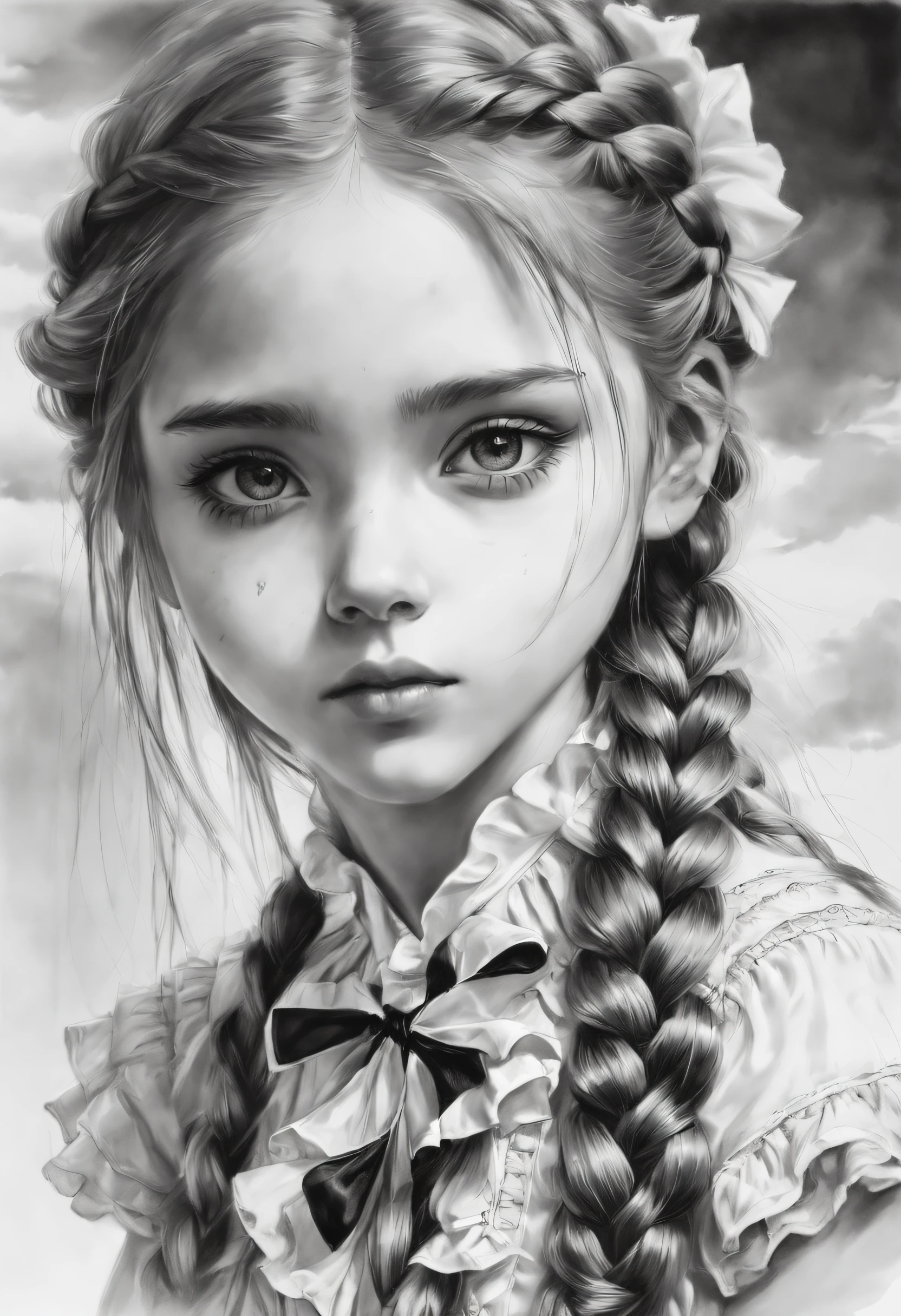 sketching,character sketch,Black and white painting,Best quality, Super hi,It's nothing, photoreaslistic, Photography of a beautiful woman, Adolescence at the age of 15, Detailed face, Black messy fishtail braid, (Detailed porcelain doll,intricate detailed clothes,There are a lot of frills and ribbons), beach, (closeup of face), Seductive look, view the viewer