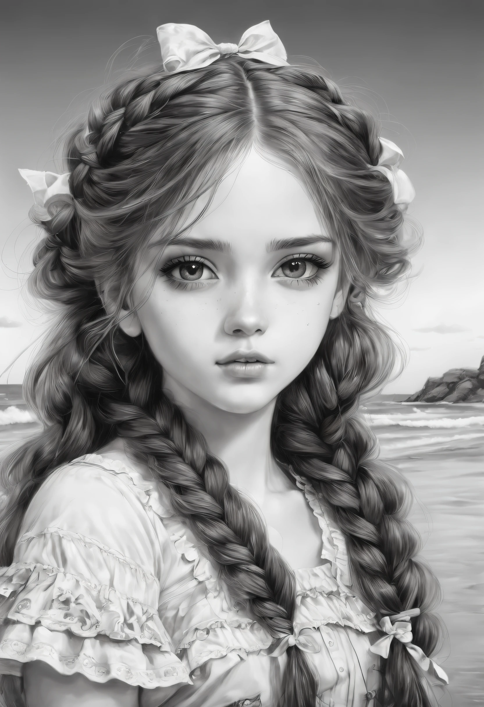 sketching，character sketch，Black and white painting,Best quality, Super hi，It's nothing, photoreaslistic, Photography of a beautiful woman, Adolescence at the age of 15, Detailed face, Black messy fishtail braid, (Detailed porcelain doll,intricate detailed clothes，There are a lot of frills and ribbons), beach, (closeup of face), Seductive look, view the viewer