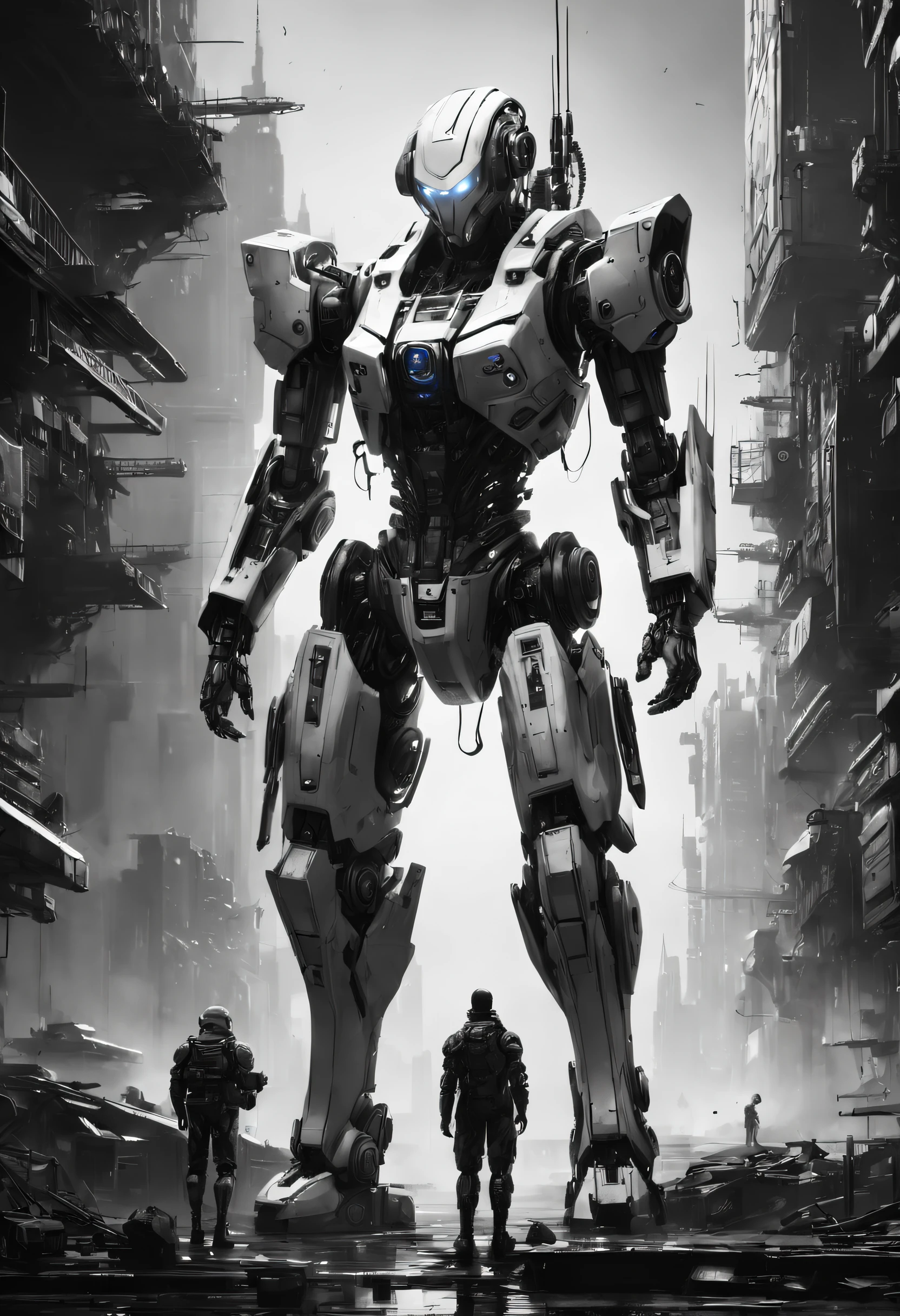 sketching,character sketch,Black and white painting,Dark_fantasy,Cyberpunk, (Best quality, Masterpiece),White,1人,Mechanical Wonder,Robotic presence,cybernetic guardians,Put on a cybernetic jacket,City, highest quality digital art, stunning art, Wallpaper 4k, Highly detailed, military robot,Army, warzone,Black and white, highest quality digital art, stunning art, Wallpaper 4k,8K,64k, HD, Unbeatable masterpiece, Dynamic lighting, Cinematic, Epic, Damaged mechanical parts