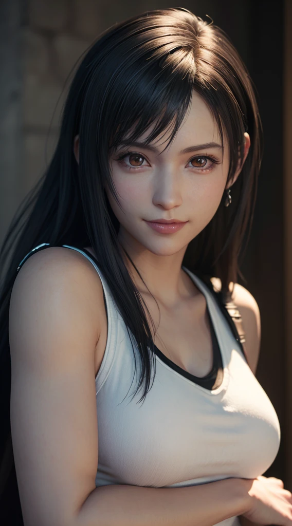 (best quality, ultra-detalhado, Realistic:1.37), Tifa Lockhart, rosto delicado, Rosto detalhado, Sweet smile expression, Corpo Perfeito, textura ultra realista, Retratos, vivid colors, soft lighting