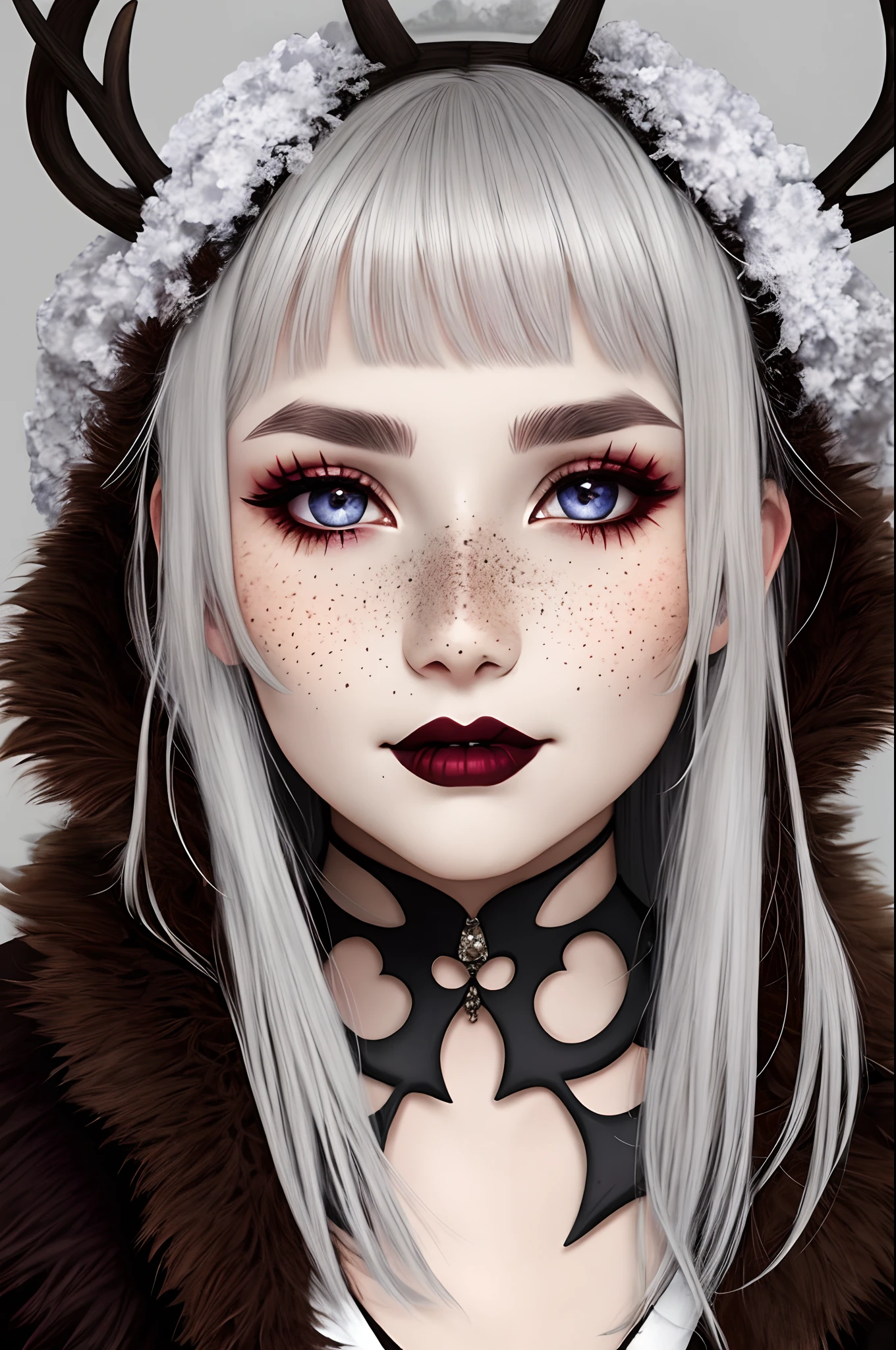 Girl, Ghoul, Gray skin, dark freckles, fangs, brown antlers, right eye blue, left eye brown, white hair, eyebrow piercing, septum piercing