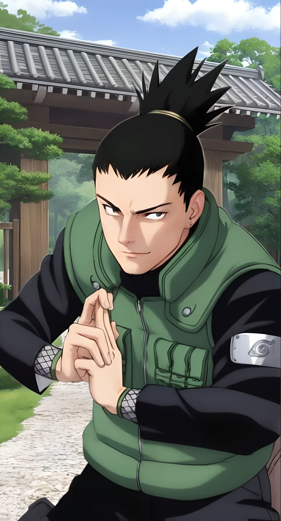 Real life adaption of this character , handsome face,realistic same hair , (realistic same outfit wear thick vest green color with many pocket), realistic same background , realistic light, realistic shadow, realism, hyper realistic,(photorealistic:1.2), Looking to camera, there is plate iron on his shoulder