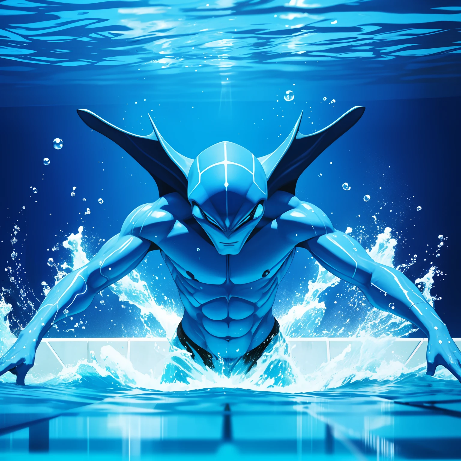 blue massive alien man swimming in pool, upper body, raise his both arms, from front, pov, :D, symmetry, motion blur, water splash