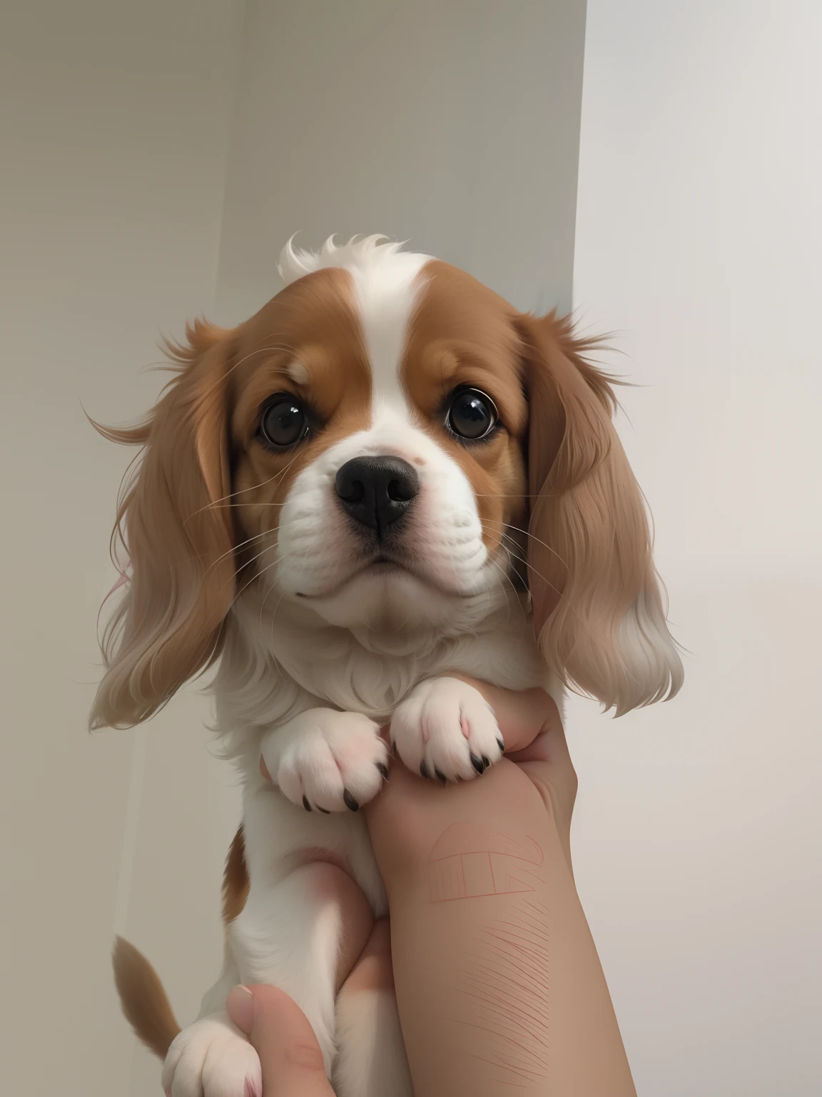 King Charles Beagle,Cute expressions and colors,Soft hair and big eyes,Lazy gestures,Pink garland,Sunny outdoor scene。