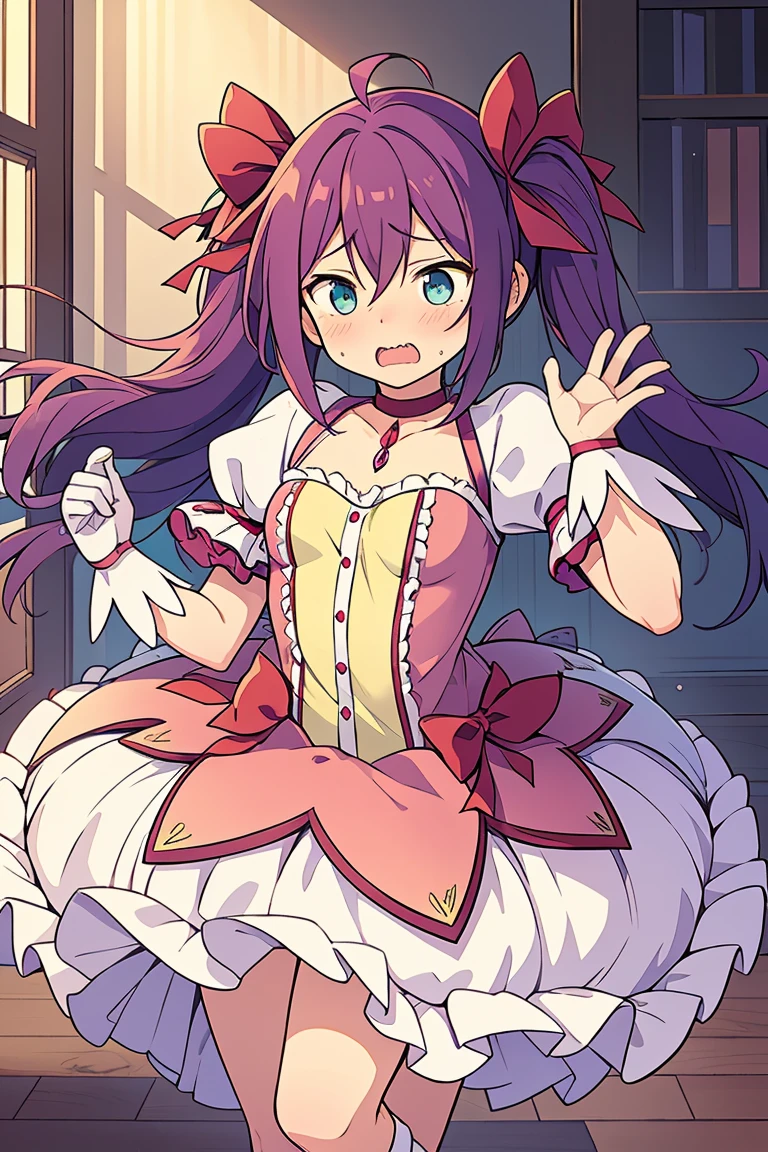 long hair, mole under mouth, purple hair, twintails, hair between eyes, teal eyes, sharp teeth, ahoge, blush, (masterpiece, best quality, detailed), 1girl, solo, small breasts, hair ribbons, embarrassed, open mouth, ((madoka outfit))