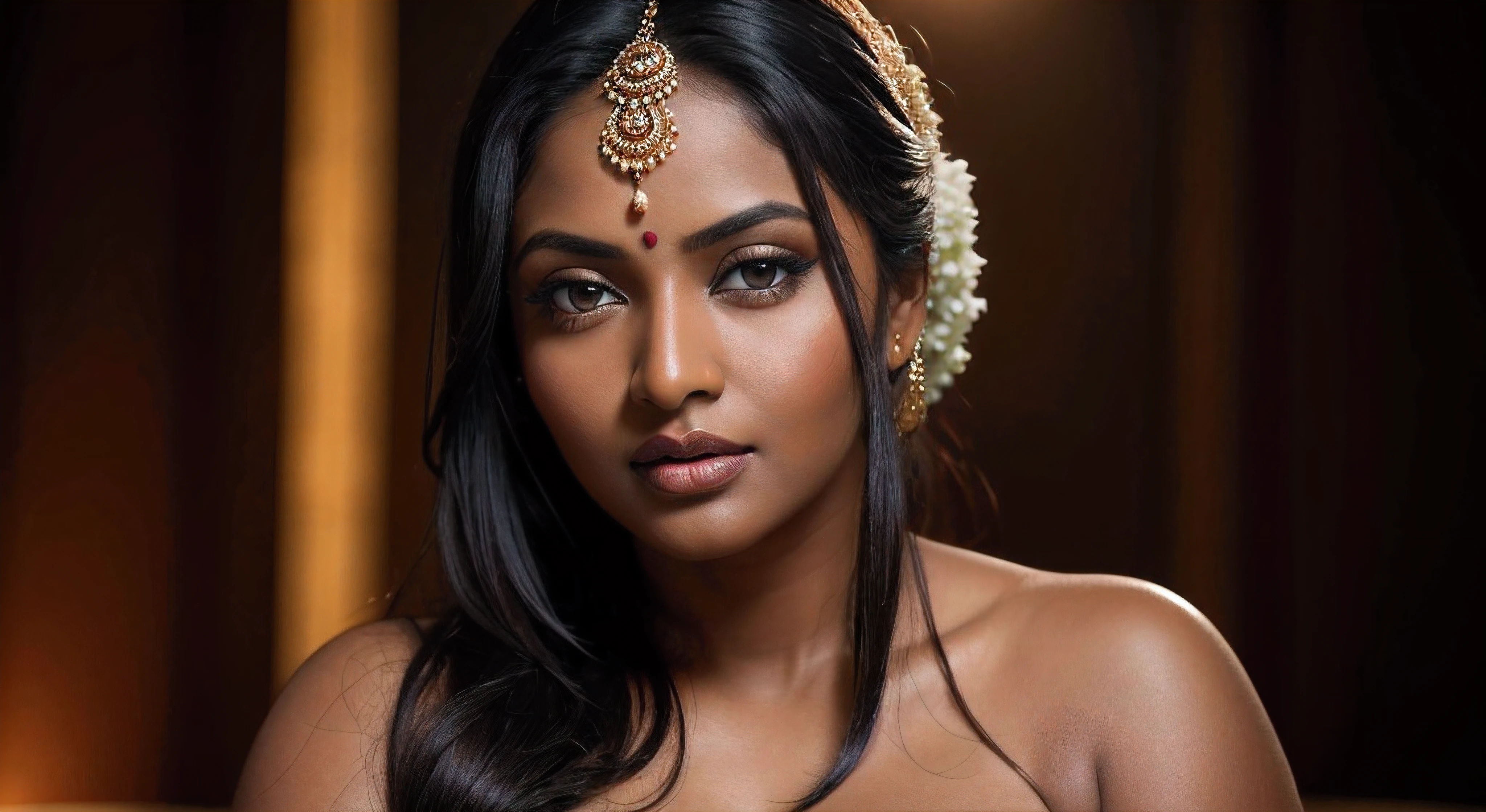 (masterpiece), best quality, expressive eyes, perfect face, ((Dark skin tone)) 1woman, look at viewer, (35 year old Indian woman), wearing Indian saree, big breast, ((cleavage)), (((chubby))) with visible navel, blue eyes, long black hair, nsfw, photorealistic, cinematic lighting, ((Lustful expression)), ((casual posture)), ((beautiful hands)), ((wedding)). Hyper realistic beautiful woman, hyper realistic photography, woman with (((chubby body))), 8k.