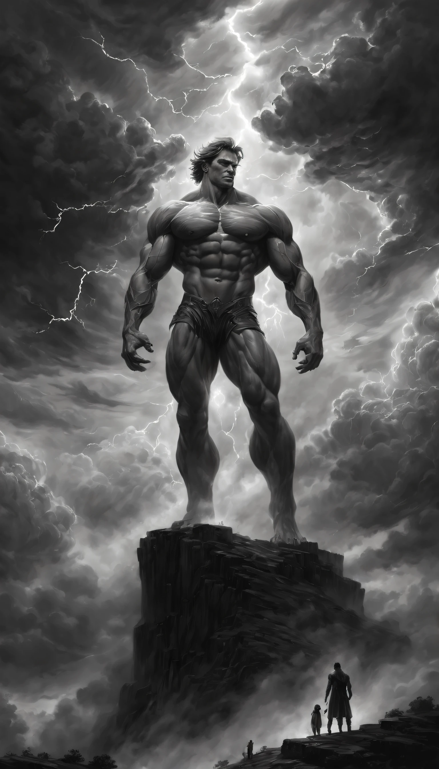 sketching，character sketch，Black and white painting,emerging,Cloud giants,Giant creatures,Stormy sky,Dramatic lighting,Unique perspective,Ethereal,Overwhelming presence,Intricate details,Majestic,Imposing figure,Dynamic pose,muscular physique,sunlight penetrates the clouds,Ominous atmosphere,Huge hands envelop the sky,Towering over the landscape,Deep shadows and highlights,Impressive scale,Atmospheric perspective,Soft edges,Subtle gradients,mystical aura,Awe-inspiring,Anatomical complexity,Colorful hues blend seamlessly,rippling muscles,billowing clouds,Tendrils of mist,charming scene of a,Moist air,magic realism,mythological creatures,Evoke a sense of wonder,Unleash your imagination.((Best quality,A high resolution,Masterpiece:1.2,Ultra-detailed,Realistic:1.37)).A sudden flash of lightning illuminated everything,He was struck by lightning and died.