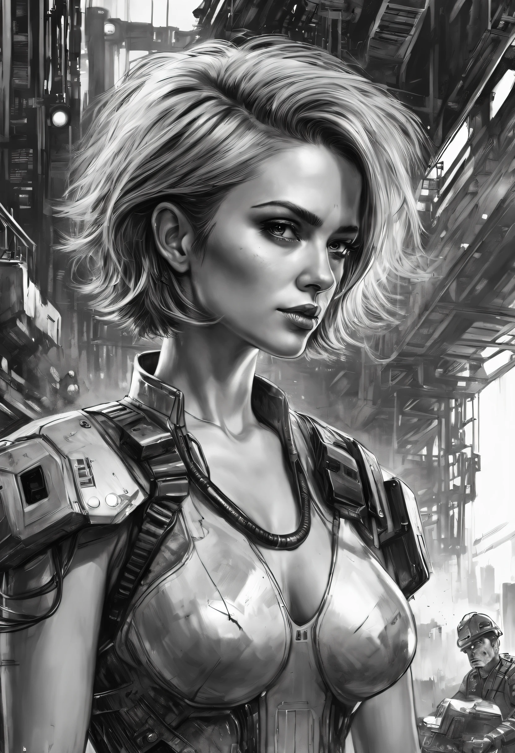 sketching，character sketch，Black and white painting,analogue style, high resolution, (((Masterpiece))), miners, Female, (Sexy:0.9), Dirty, Cyberpunk, Futuristic, Sci-fi, Very detailed, Short hair, Award-winning movie poster, (((Photorealistic)))