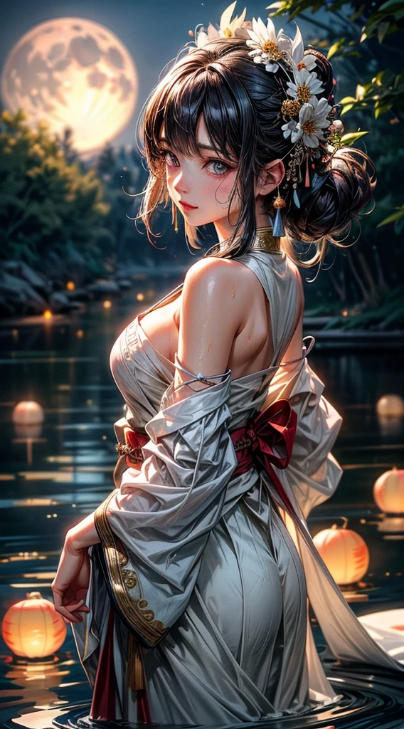 (((8k wallpaper of extremely detailed CG unit, masterpiece, 超A high resolution:1.2, top-quality:1.2, masutepiece, textures and maximum detail))), ((extremely beautiful lady, seductively smiling, A dark-haired, White kimono, Red band:1.2)), ((The best lighting, extremely detailed beautiful face, Highly detailed black eyes, Very beautiful body, Top quality real texture skins)), (Exposed cleavage, Exposed shoulders and legs), paper lanterns:1.2, Eau, playing in the water, florals, Water surface reflection:1.2, hyper realisitic, digitial painting,