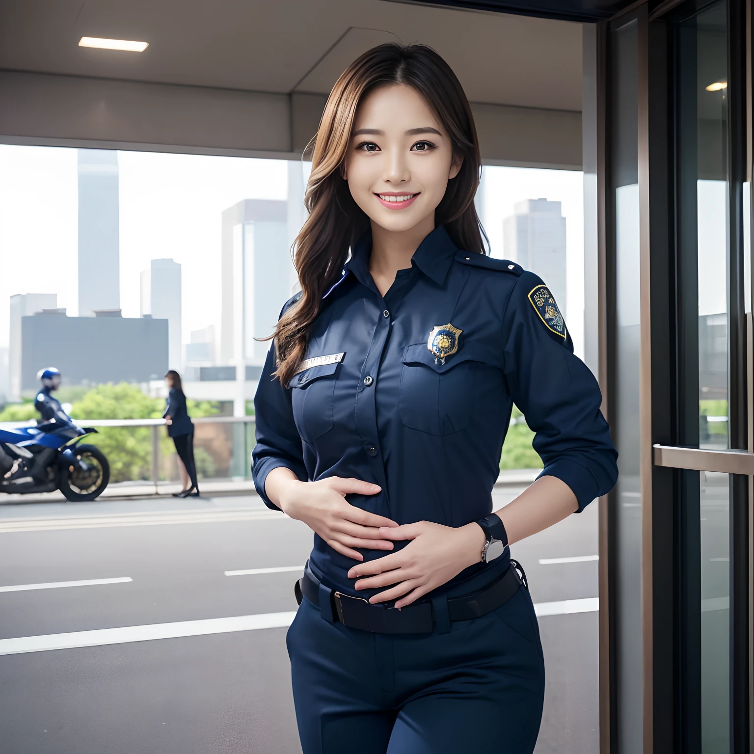 a young japanese girl in police patrol suit and white gloves, full_body, sitting on a police motorcycle, kyoto