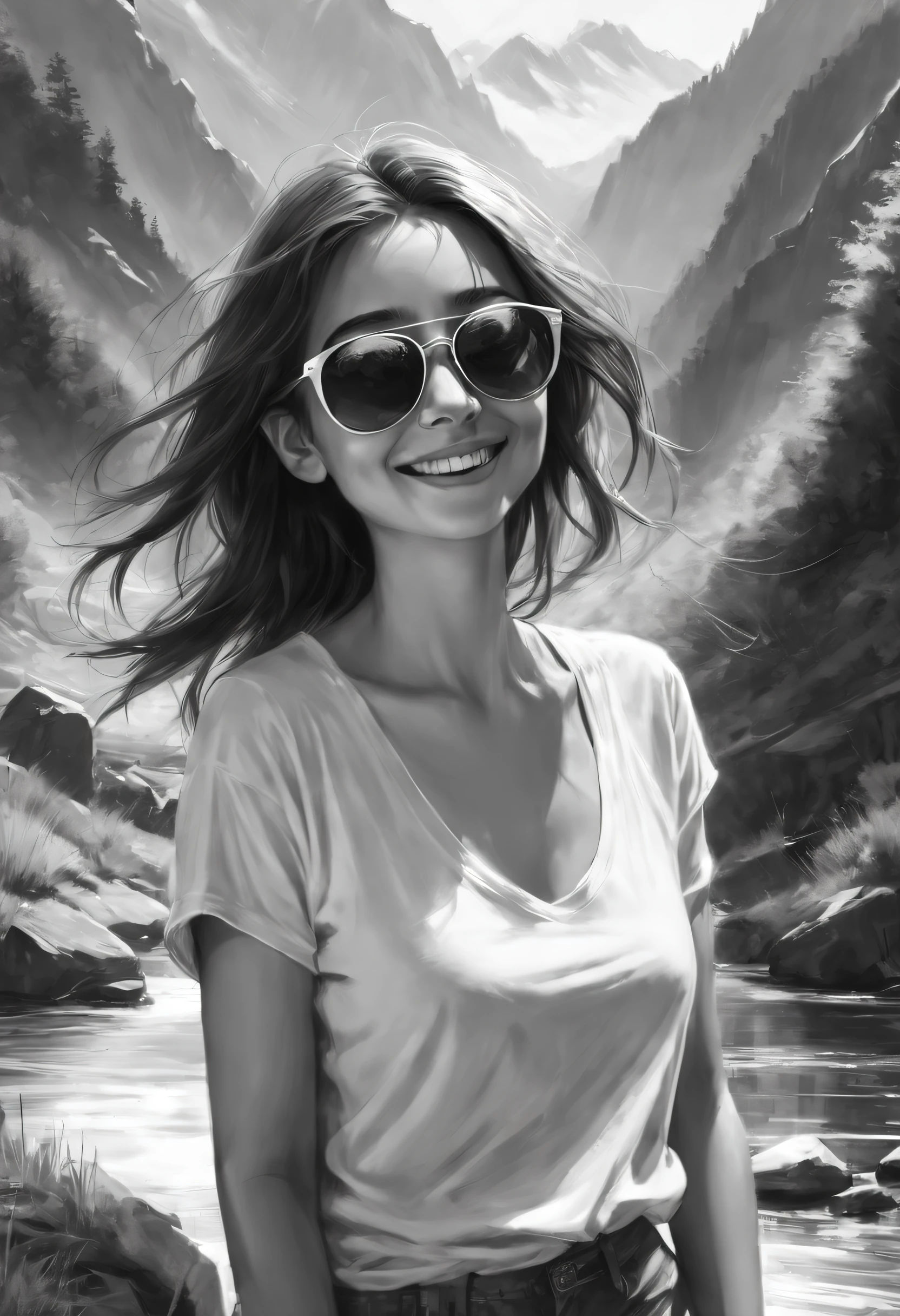 sketching，character sketch，Black and white painting,Mountain streams, illustration, Masterpiece, High quality, 8K, A high resolution, High detail, 1girll,smiley, Transparent sunglasses, Movie overlay,  Cool soft lighting, wind blown,