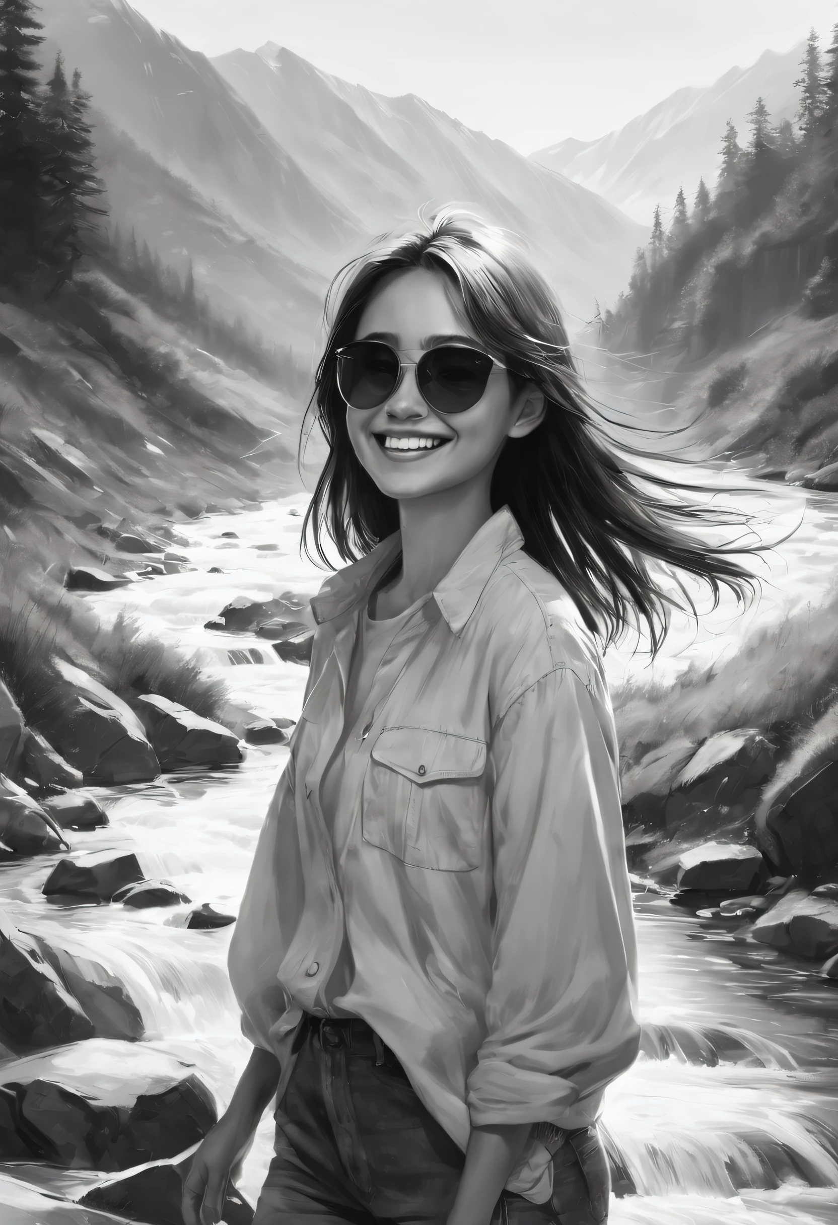 sketching,character sketch,Black and white painting,Mountain streams, illustration, Masterpiece, High quality, 8K, A high resolution, High detail, 1girll,smiley, Transparent sunglasses, Movie overlay, Cool soft lighting, wind blown,