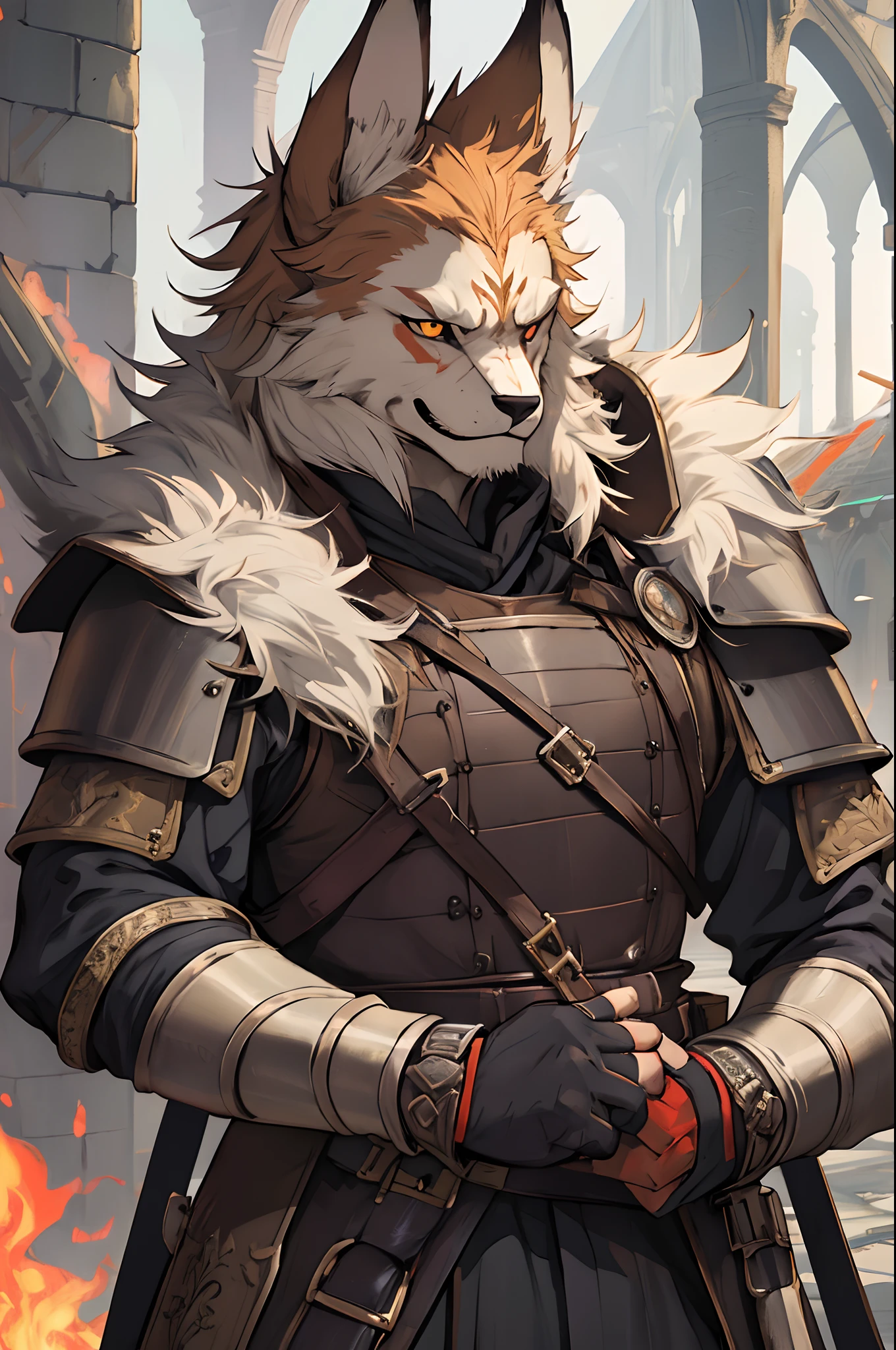 beste-Qualit, tmasterpiece, extra high resolution, Detailed, realisti, 独奏, Horror \(subject\), Dark Fantasy, Depth of field, ember, humanoid, heavy armor, The Face of the Beast, Furry, Security Guard Outfit, Guardian's Attire, Guard, Medieval Guard, Medieval Guard Clothing , spearman, Chaotic Neutral, D&D.