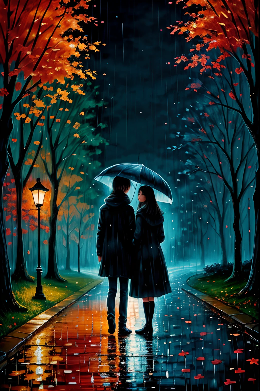 high quality, Impressionism, Abstract, Brushstroke, Palette knife, Canvas,  two  young loverin rain in park , back ground park night in autumn, stary night sky, rain people,  SERENITY,  Impasto, Chiaroscuro, Contrast, Harmony, Texture, by yukisakura, awesome full color, abstract background