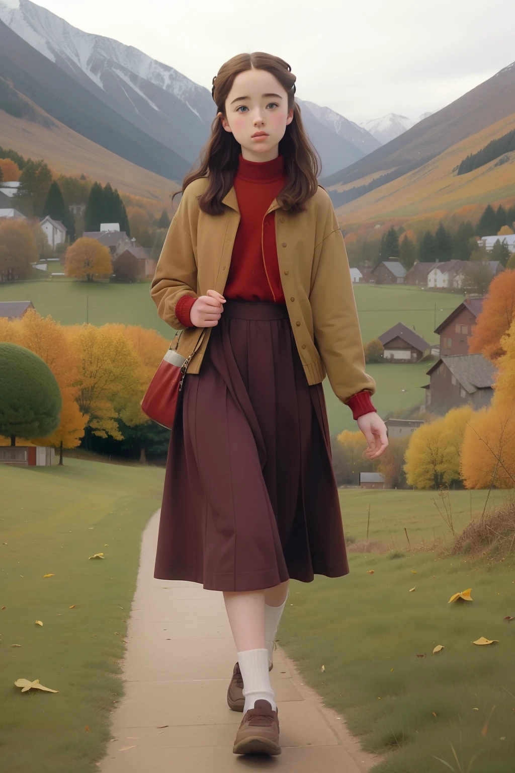 Year: ((2003)). Location: Mountain village. Pre-raphaelite -yeld AnPopplewell, walking to school, autumn, (((casual clothing from the 2000s))), ((("OMITB" cinematography))), (Wes Anderson style), colorful