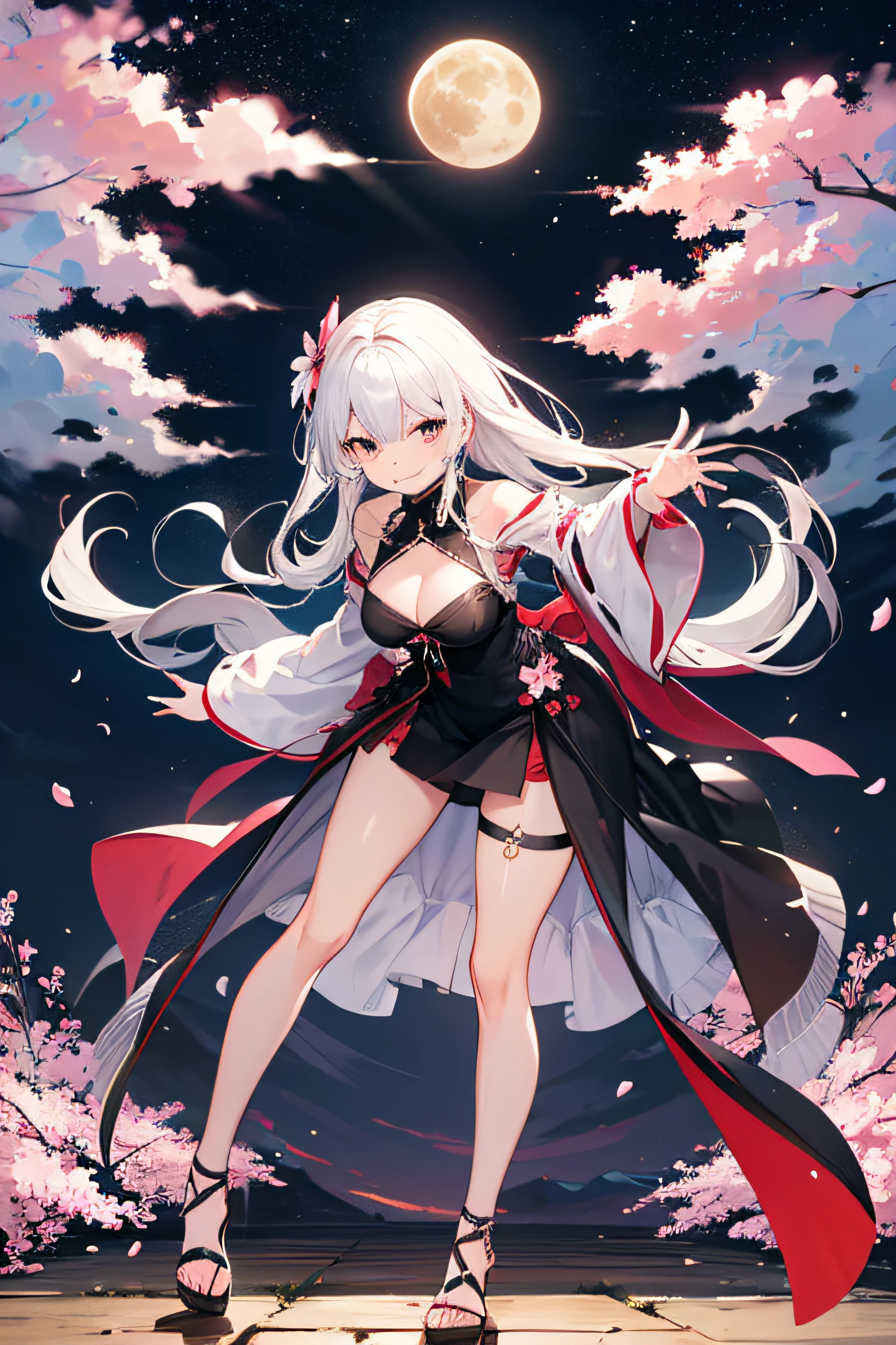 masutepiece, Best Quality, Detailed, 1girl in, Solo, Standing,fullmoon, Stars, Clouds, Night,, dark sakura, (Black Dress), Long hair, Evil smile, cherryblossom, Striped, thighs thighs thighs thighs,Full Body Pose,white hair,Facing the front,Leaning forward,Turning your body towards you,Floral ornament,Lily flower